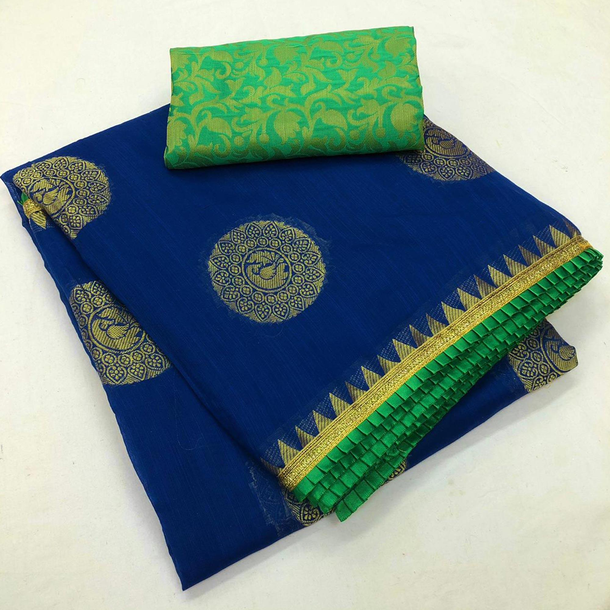 Glorious Blue Colored Festive Wear Woven Cotton Saree - Peachmode