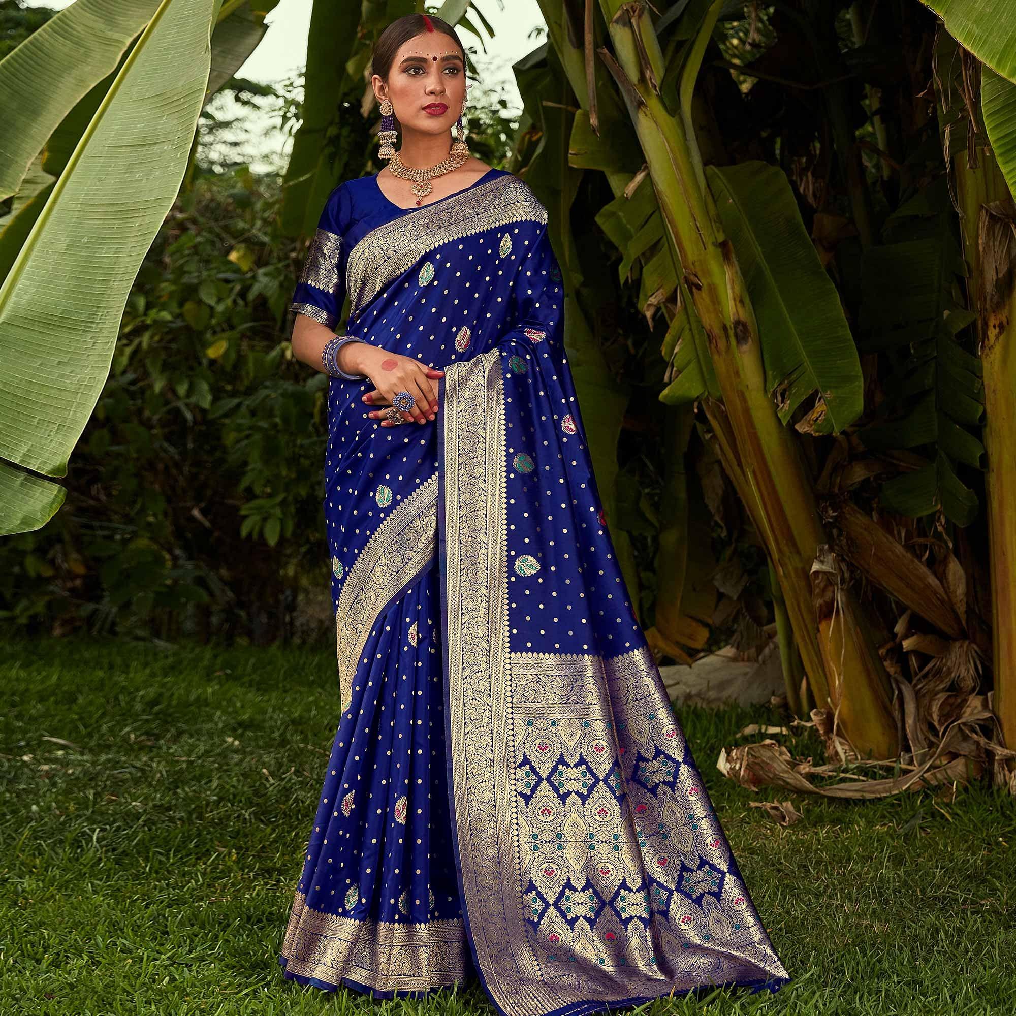 Glorious Blue Colored Festive Wear Woven Designer Silk Saree - Peachmode