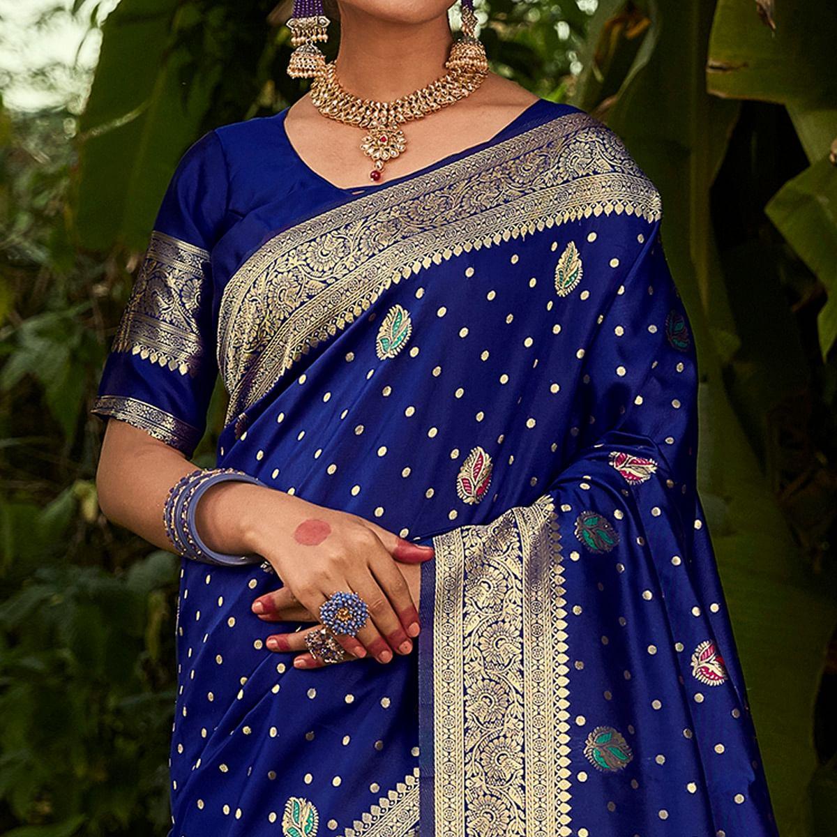 Glorious Blue Colored Festive Wear Woven Designer Silk Saree - Peachmode