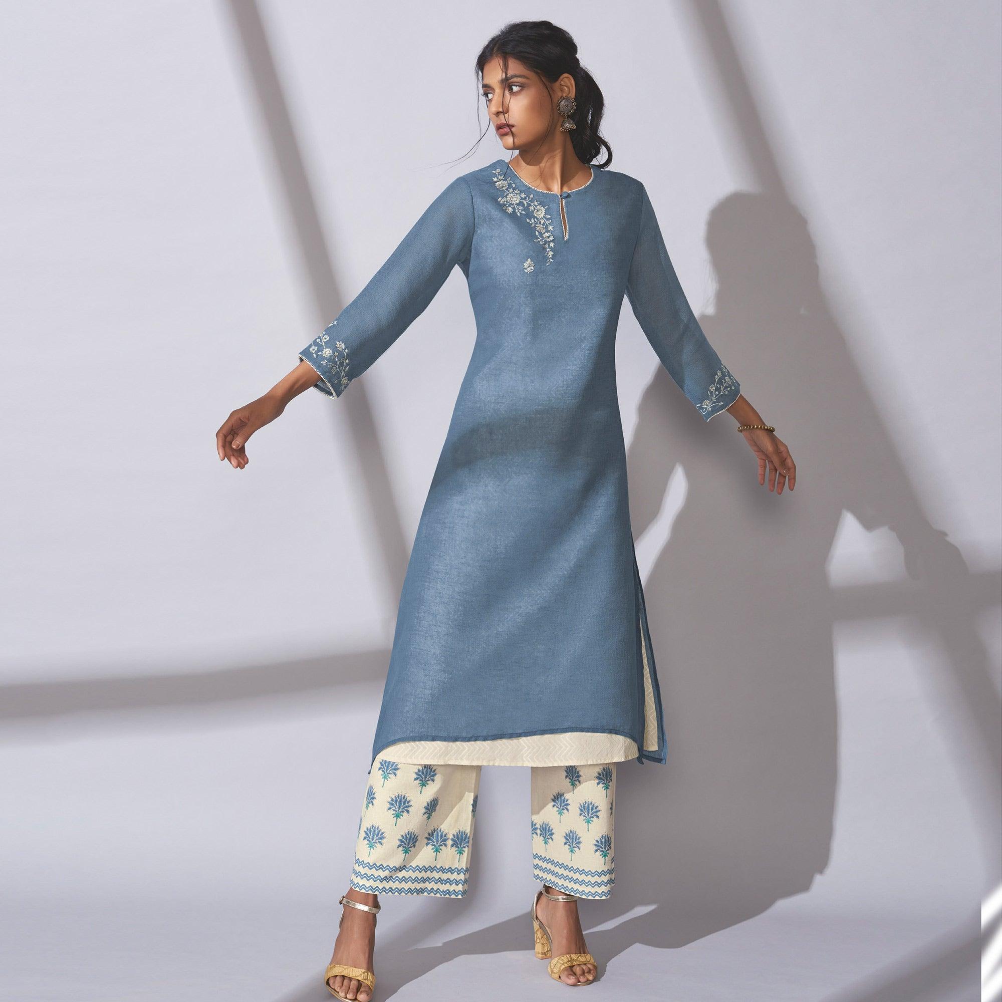 Glorious Blue Colored Party Wear Embroidered Khadi Cotton Kurti-Palazzo Set