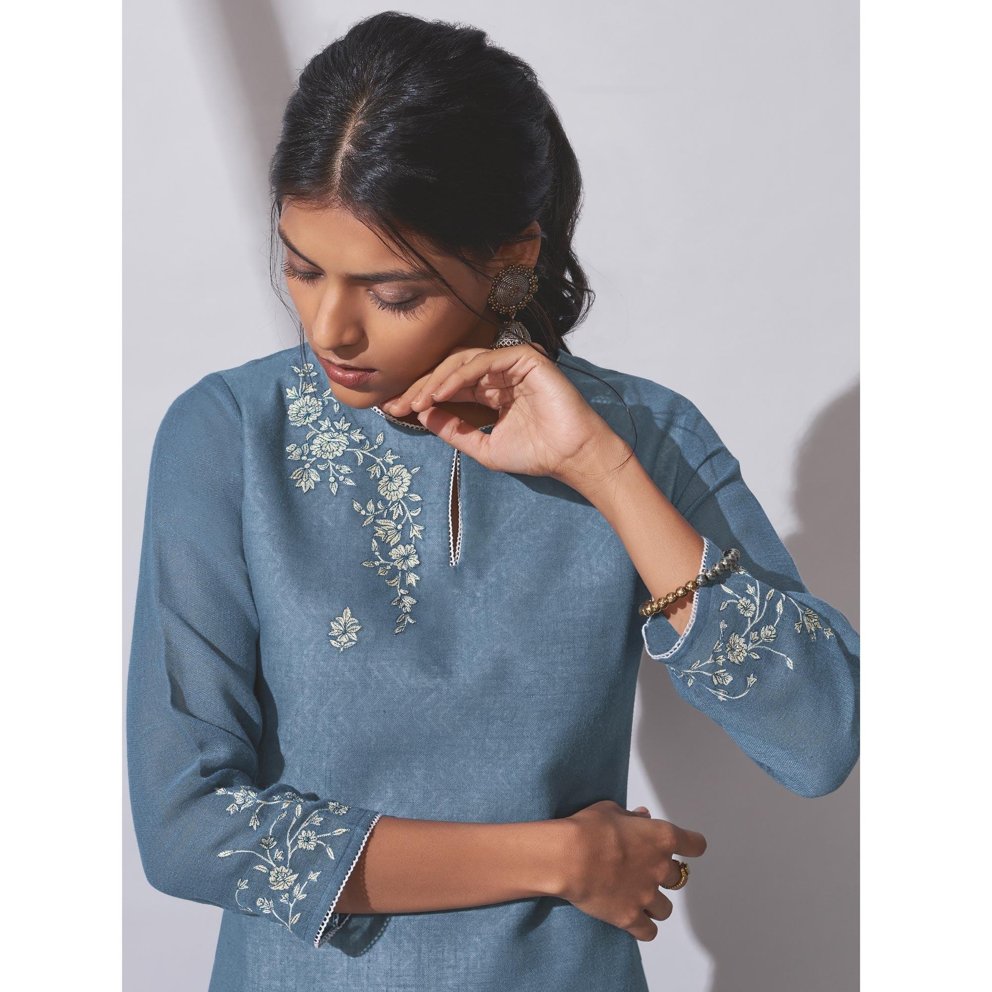 Glorious Blue Colored Party Wear Embroidered Khadi Cotton Kurti-Palazzo Set - Peachmode