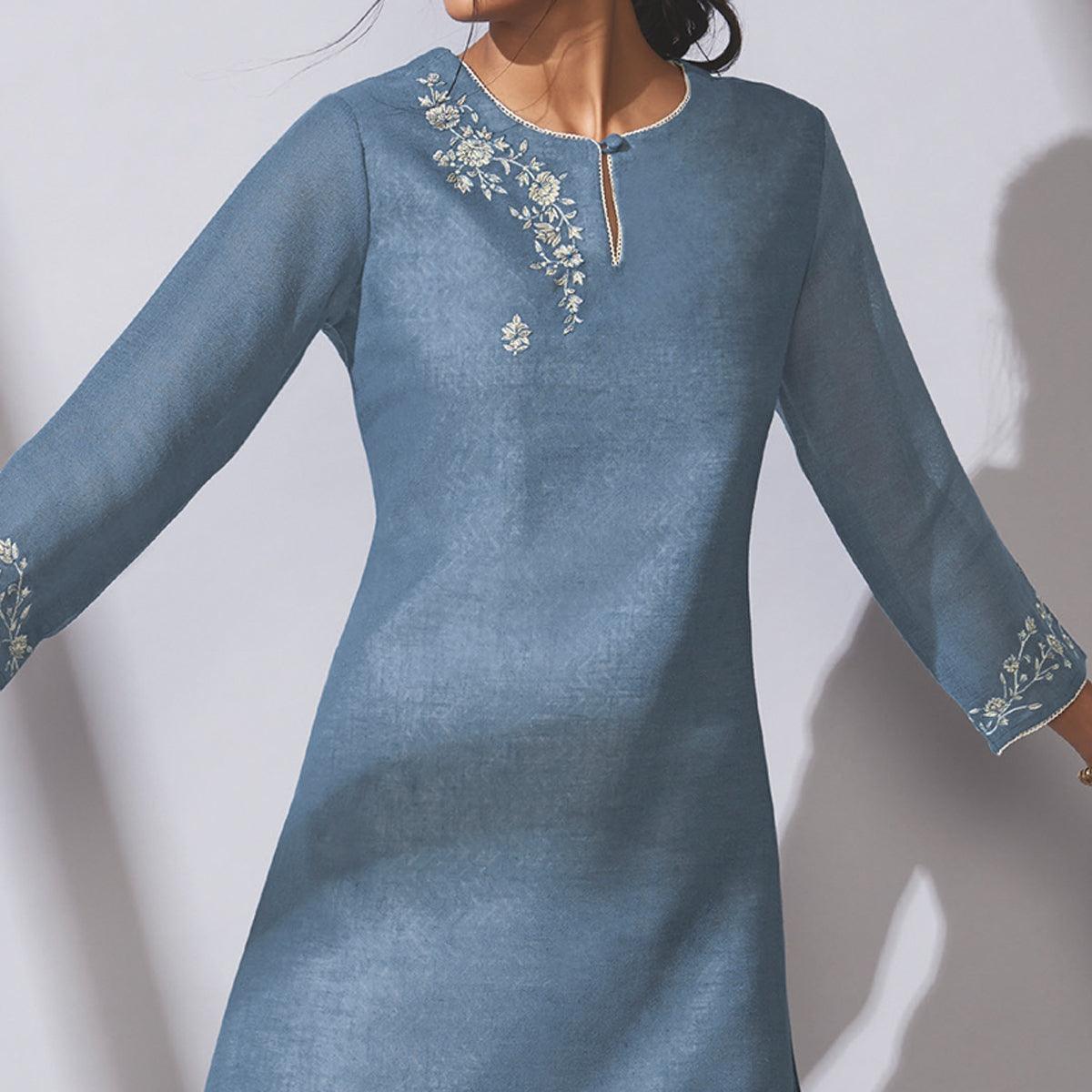 Glorious Blue Colored Party Wear Embroidered Khadi Cotton Kurti-Palazzo Set - Peachmode