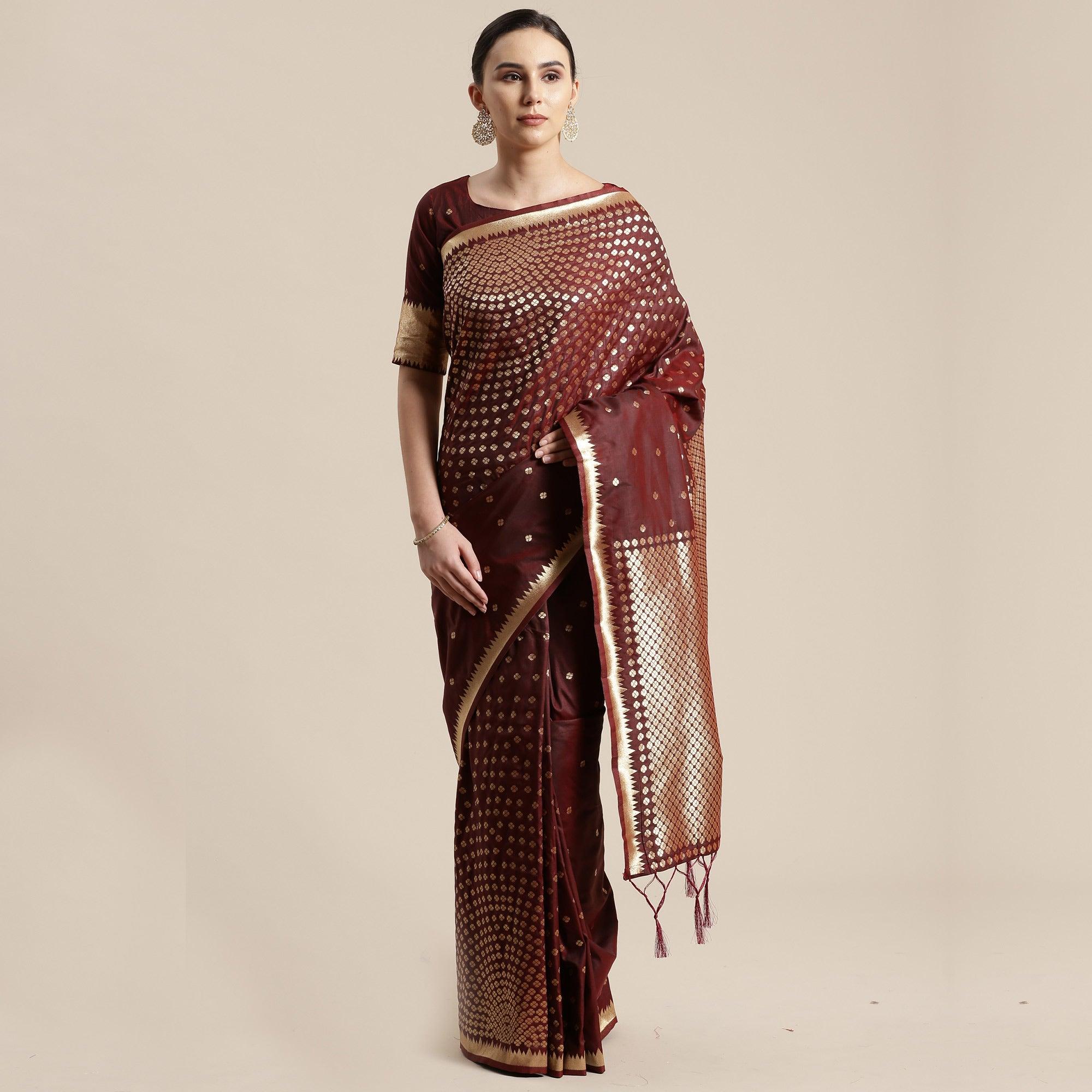 Glorious Brown Colored Festive Wear Silk Blend Woven Geometric Saree With Tassels - Peachmode