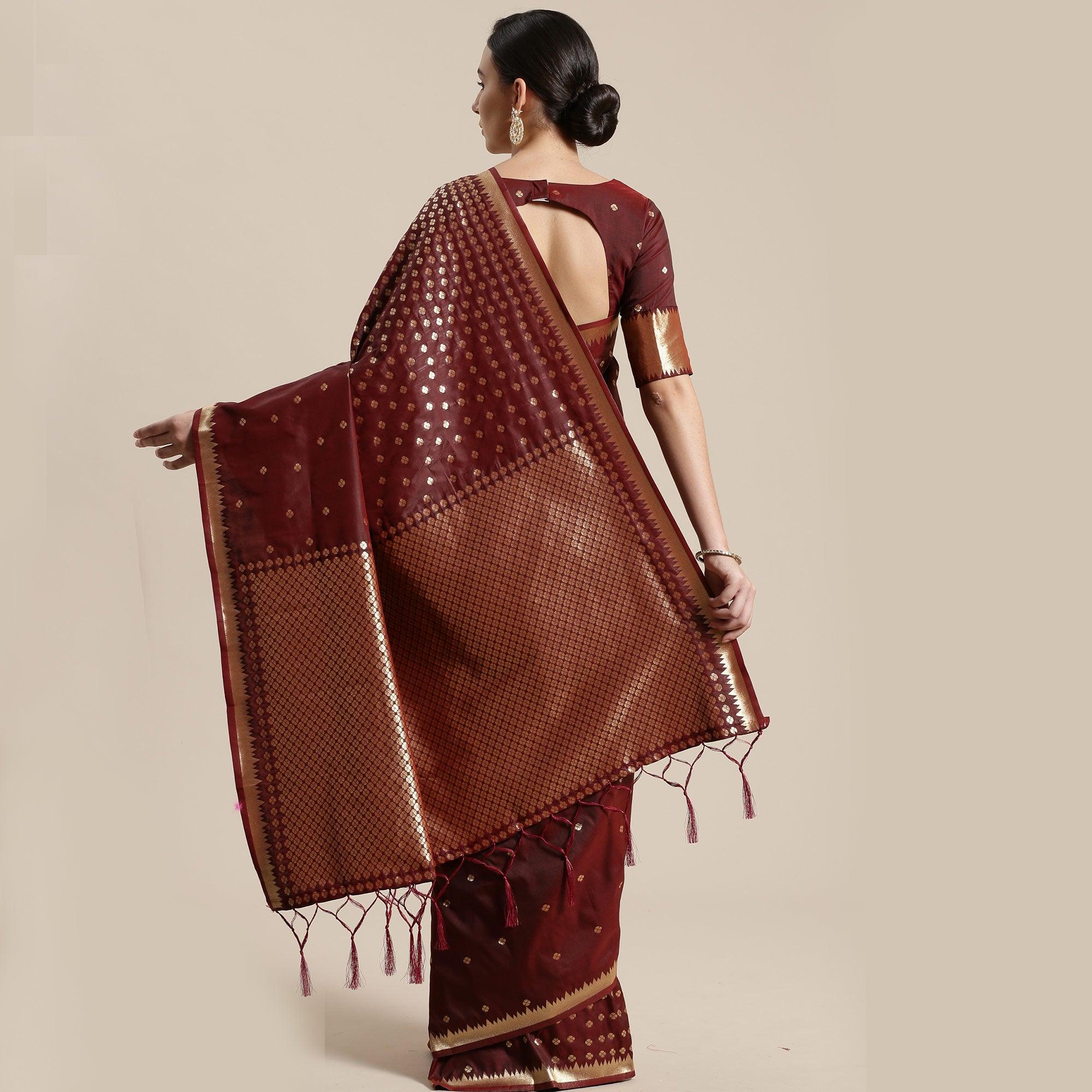 Glorious Brown Colored Festive Wear Silk Blend Woven Geometric Saree With Tassels - Peachmode