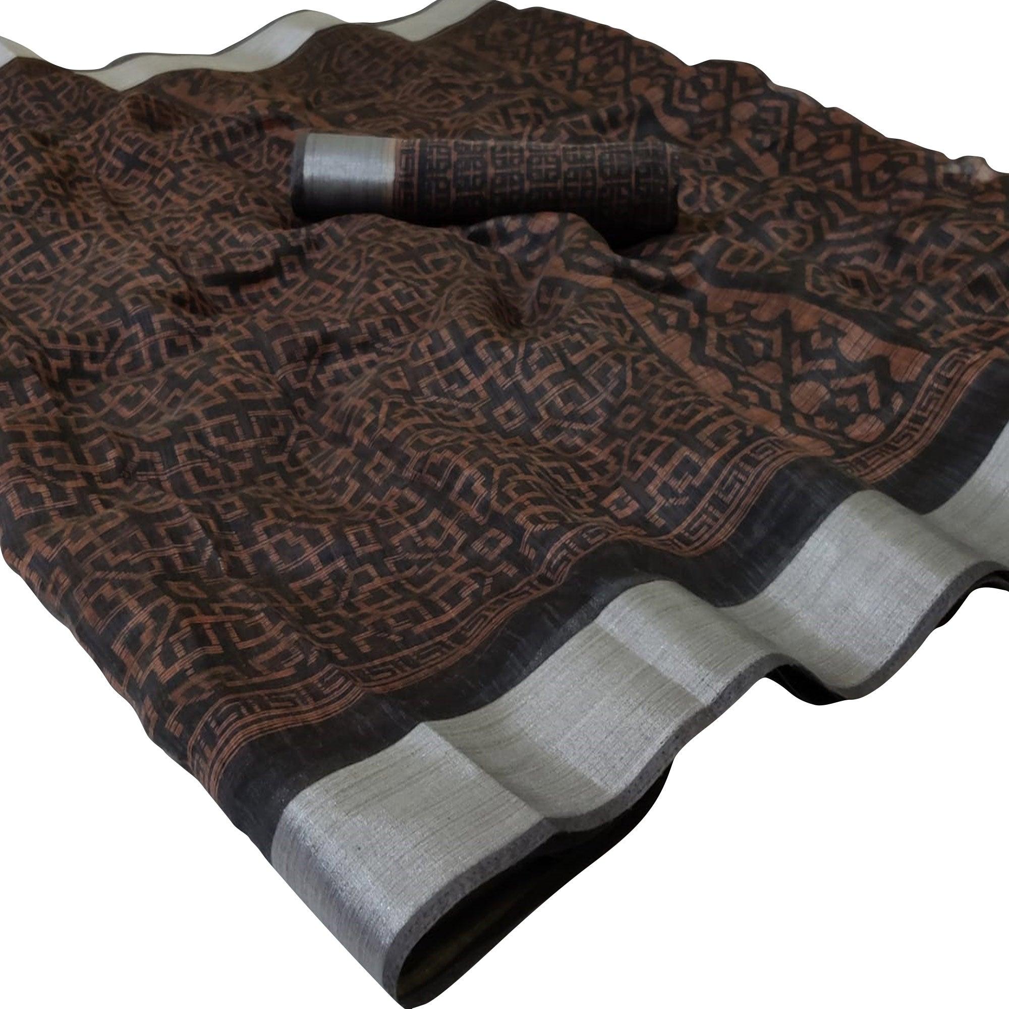 Glorious Coffee Brown Colored Casual Wear Floral Printed Linen Saree - Peachmode