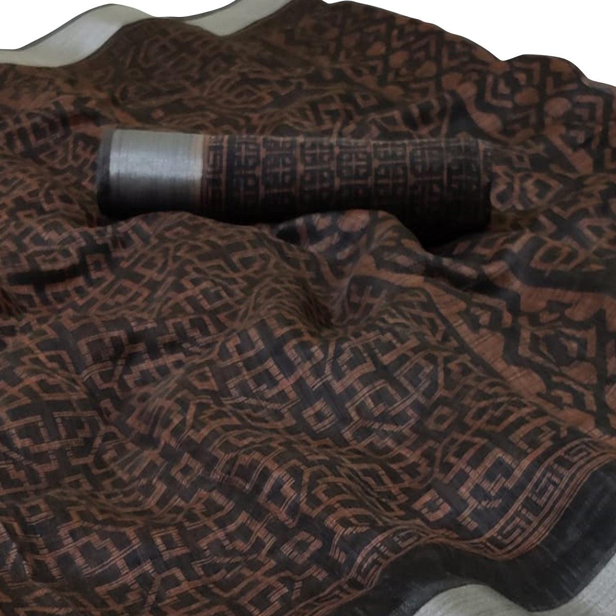Glorious Coffee Brown Colored Casual Wear Floral Printed Linen Saree - Peachmode