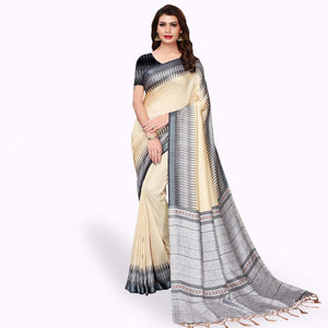 Glorious Cream Colored Casual Wear Printed Art Silk Saree - Peachmode