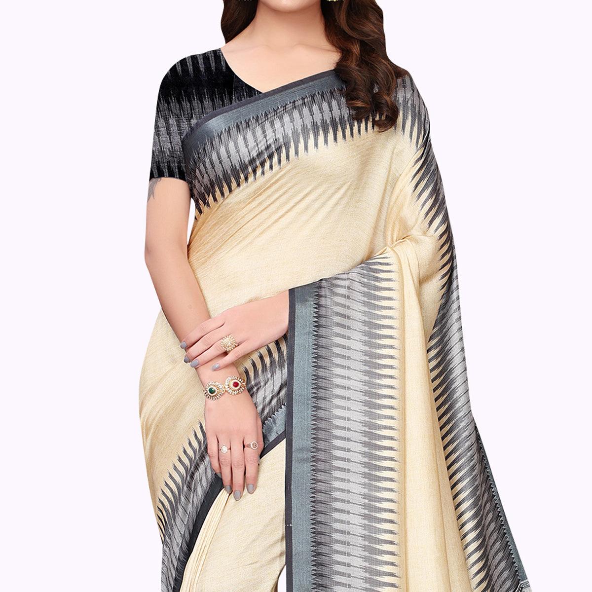 Glorious Cream Colored Casual Wear Printed Art Silk Saree - Peachmode