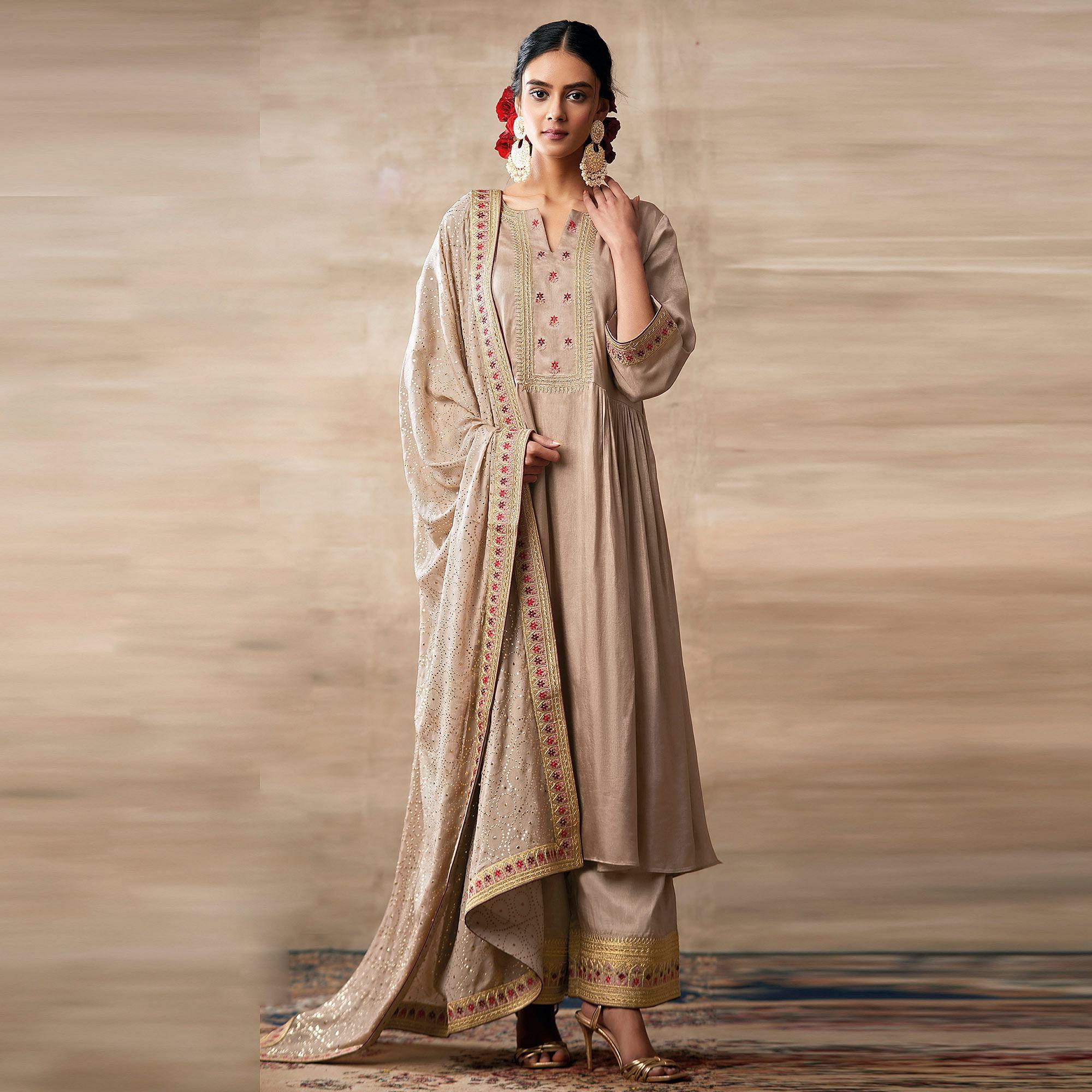Glorious Cream Colored Partywear Designer Embroidery Heavy chinon Salwar Suit - Peachmode