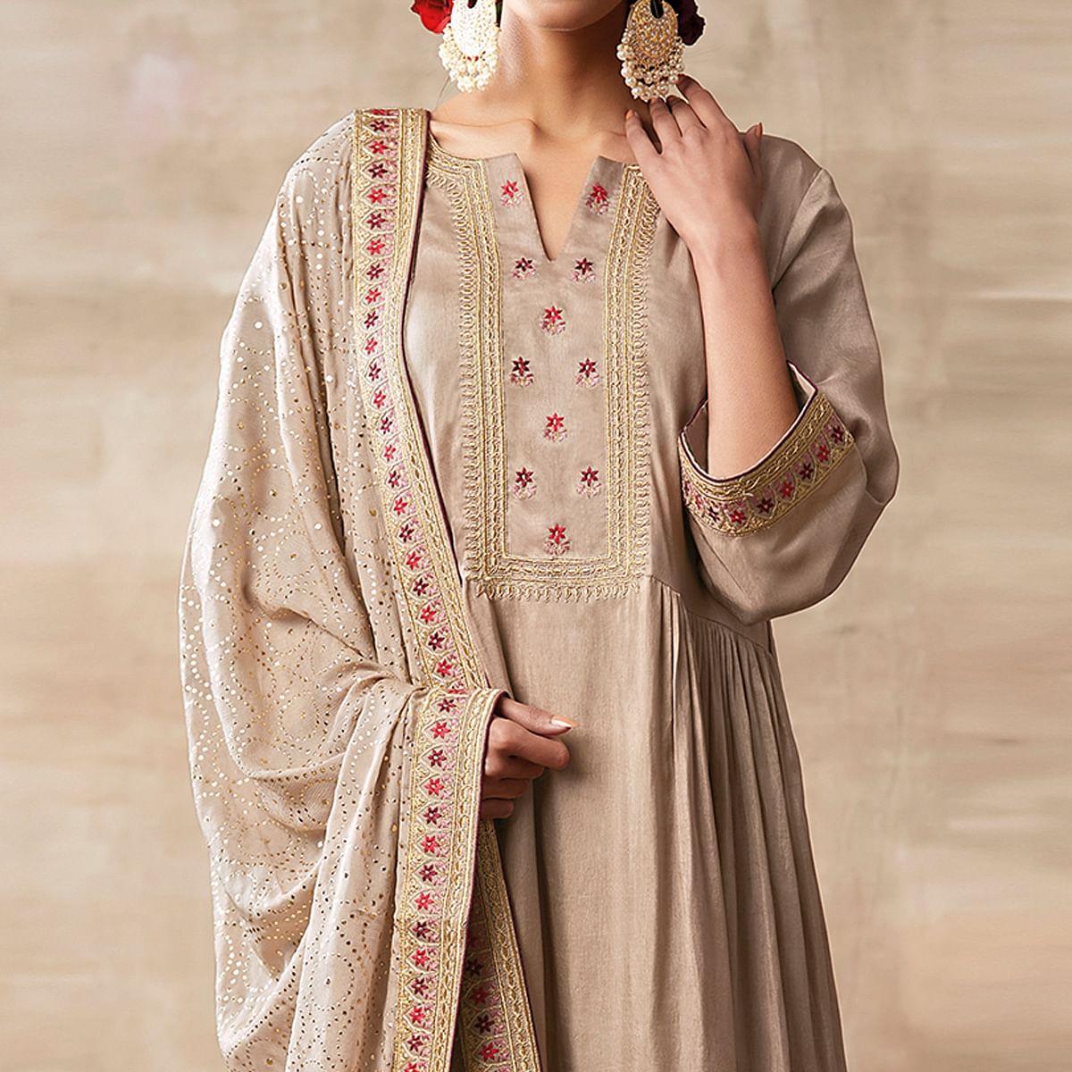 Glorious Cream Colored Partywear Designer Embroidery Heavy chinon Salwar Suit - Peachmode