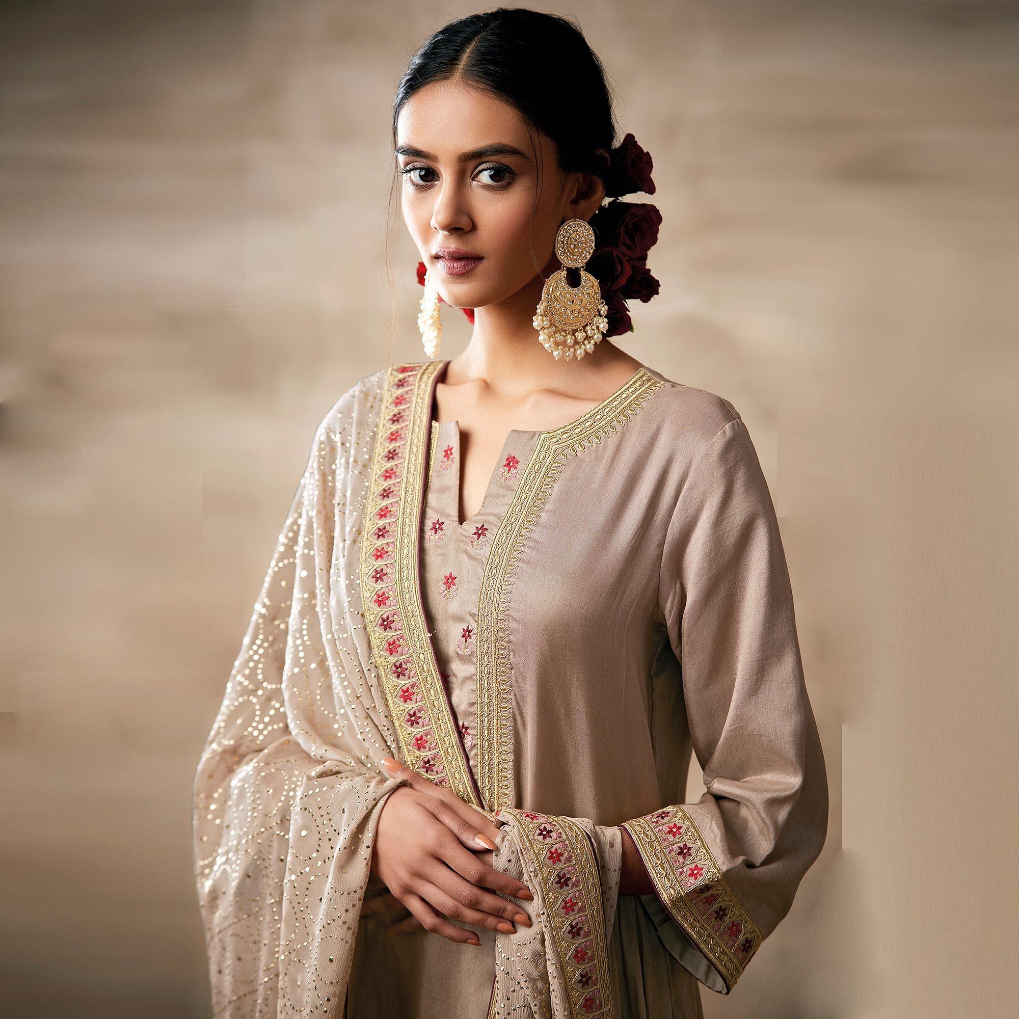 Glorious Cream Colored Partywear Designer Embroidery Heavy chinon Salwar Suit - Peachmode