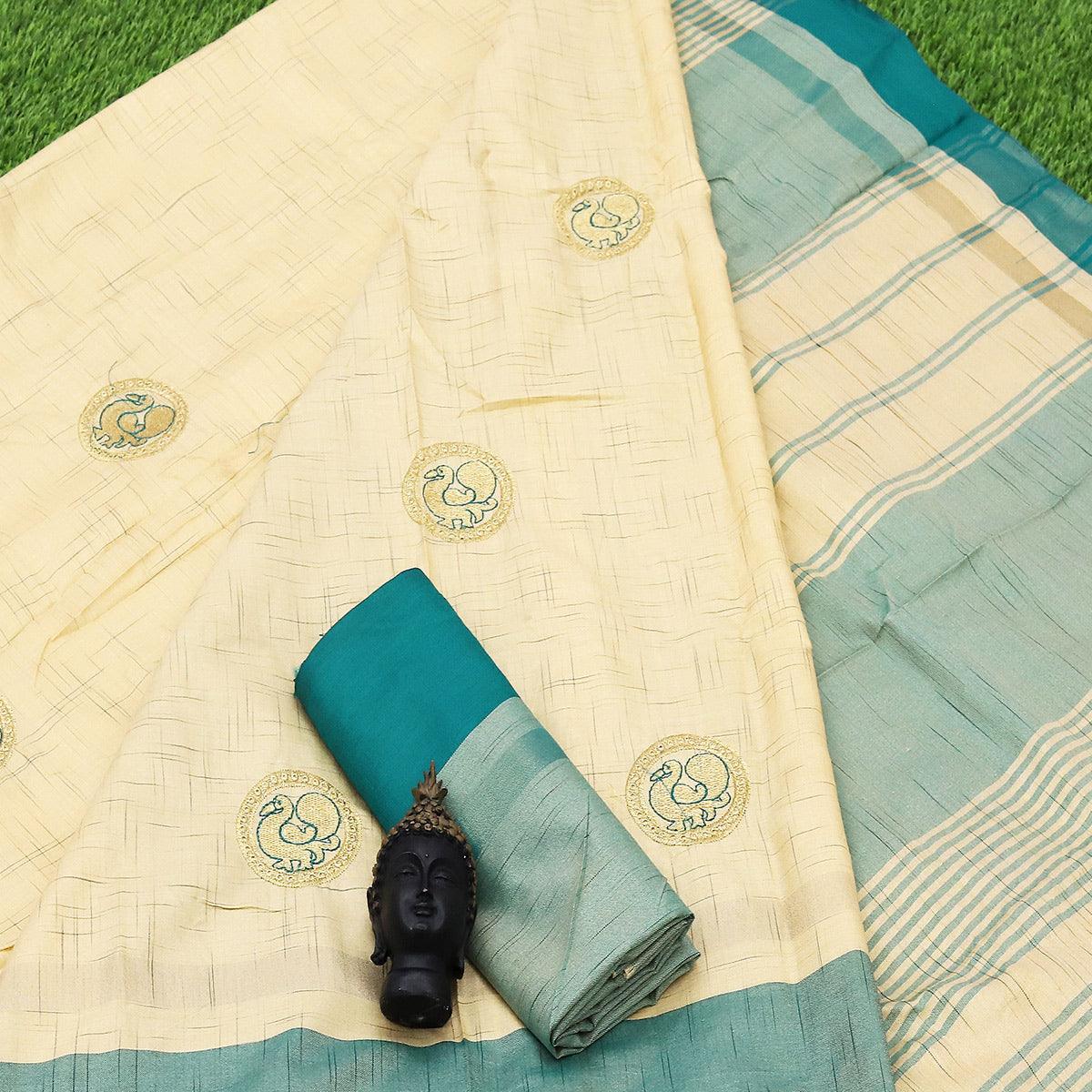 Glorious Cream -  Turquoise Colored Festive Wear Woven Cotton Art Silk Saree - Peachmode
