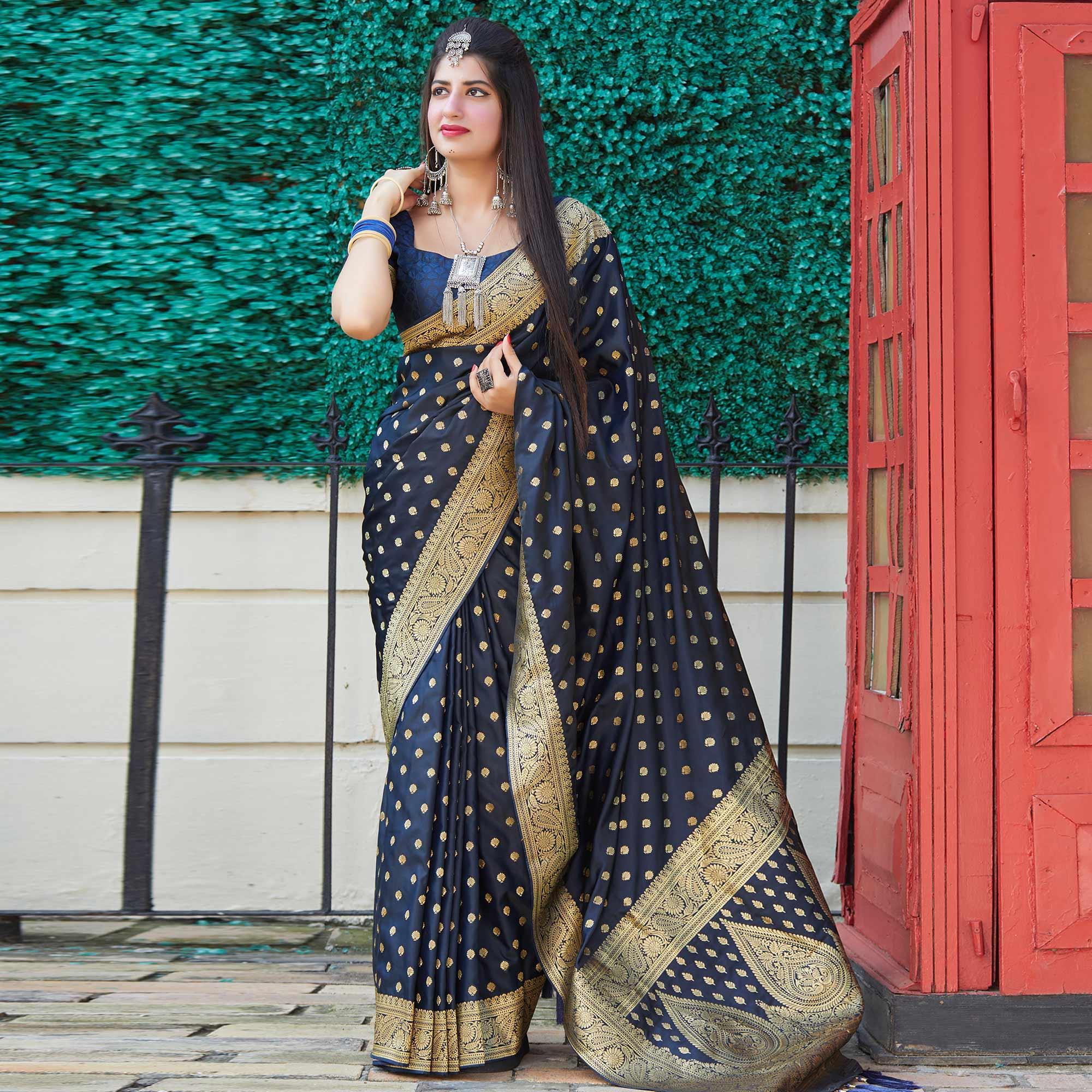 Glorious Dark Blue Colored Festive Wear Woven Banarasi Silk Saree - Peachmode