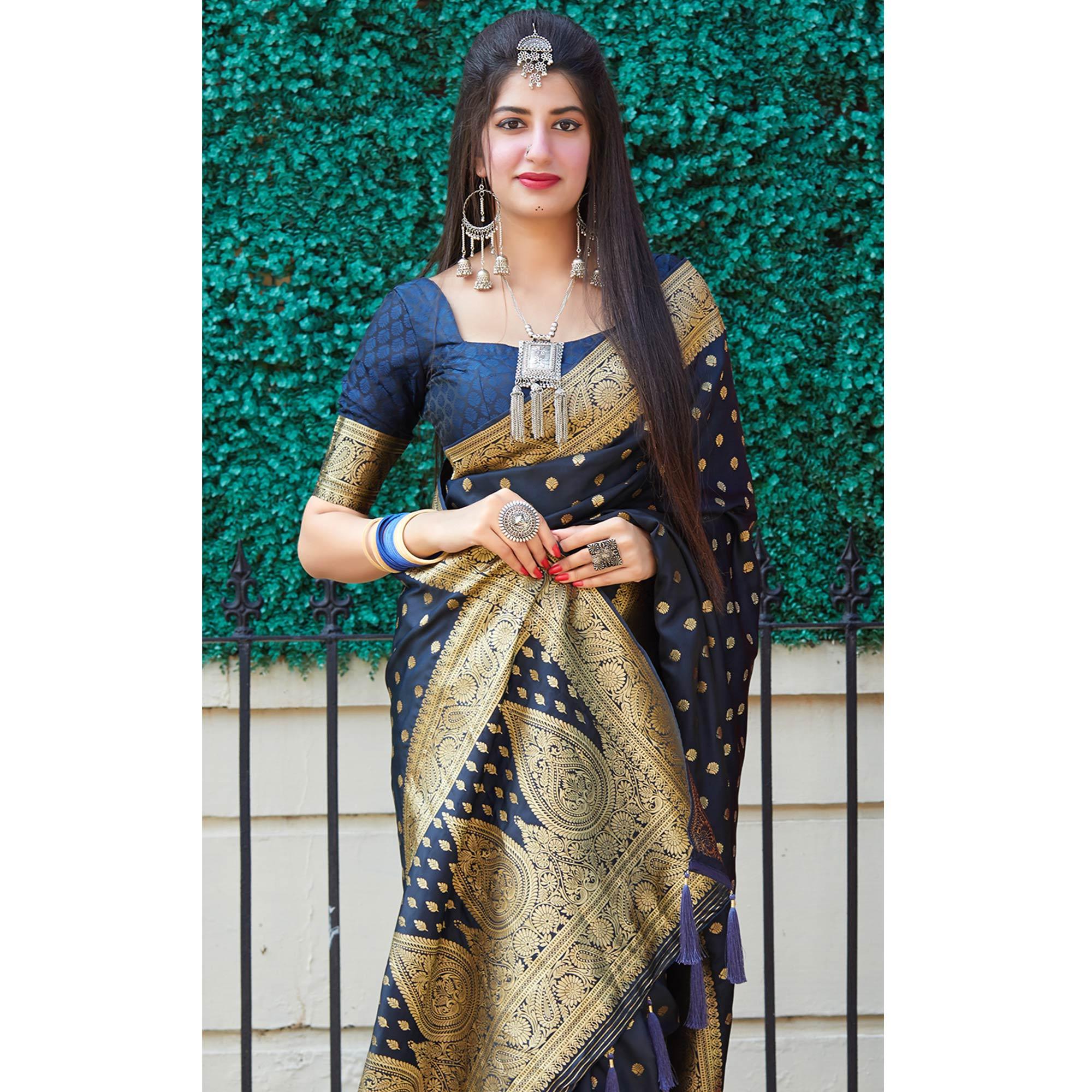 Glorious Dark Blue Colored Festive Wear Woven Banarasi Silk Saree - Peachmode