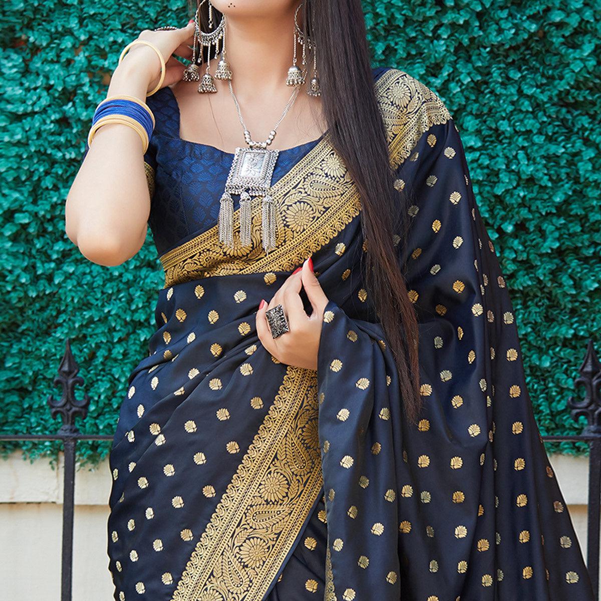 Glorious Dark Blue Colored Festive Wear Woven Banarasi Silk Saree - Peachmode