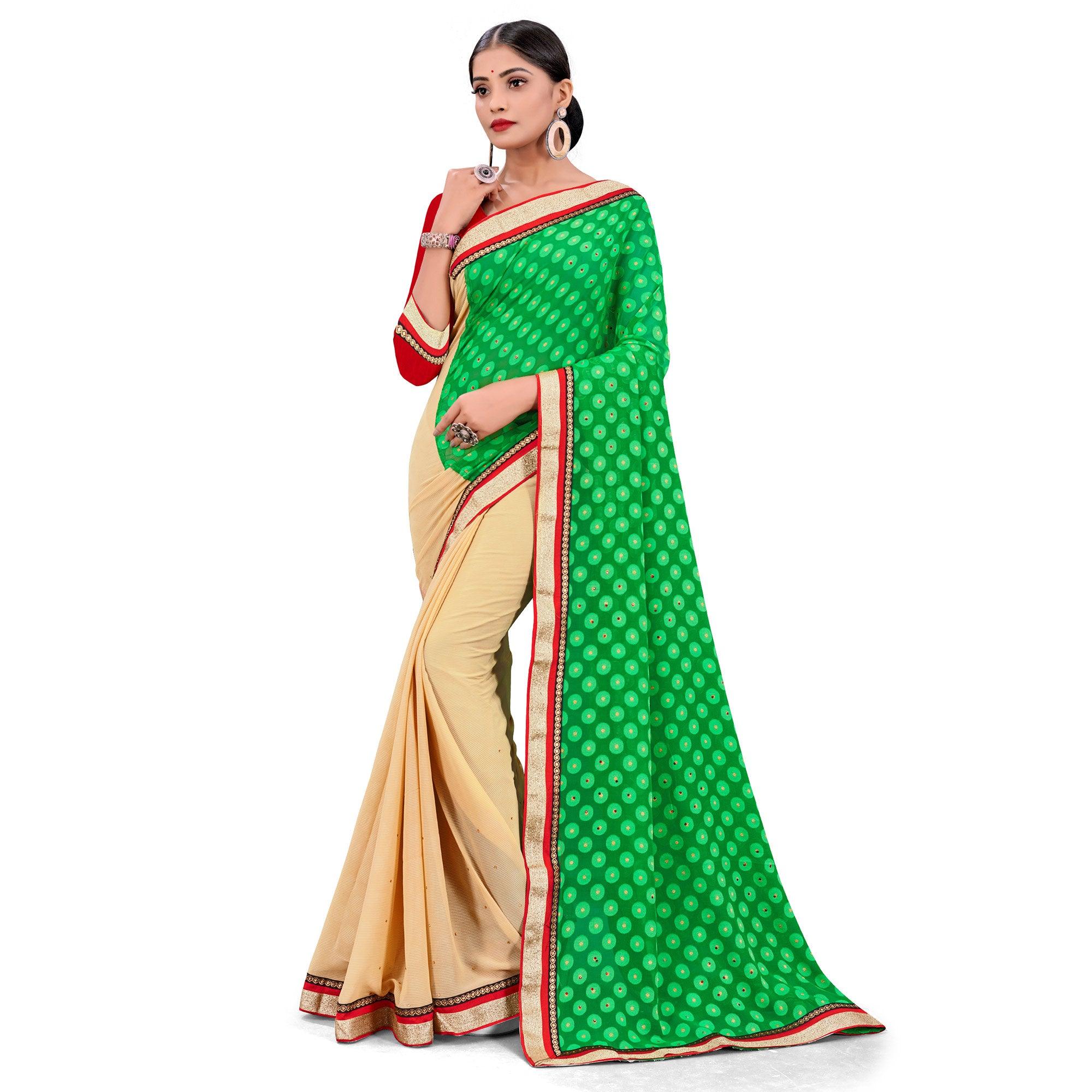 Glorious Green Beige Colored Party Wear Georgette Half-Half Saree - Peachmode