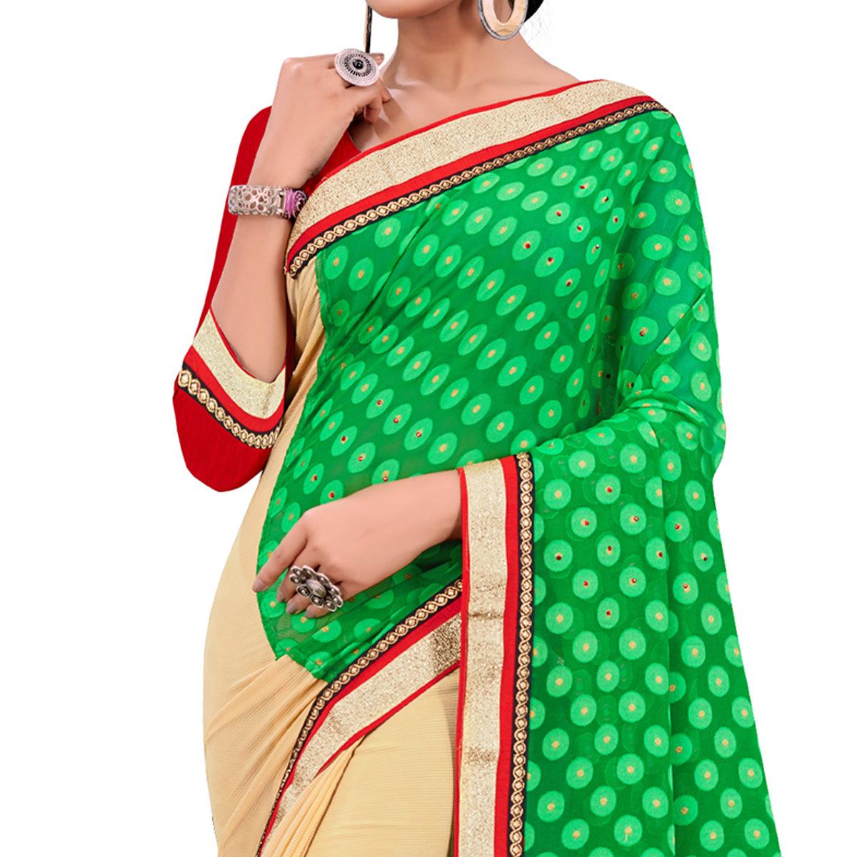 Glorious Green Beige Colored Party Wear Georgette Half-Half Saree - Peachmode