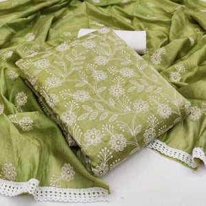 Glorious Green Colored Casual Wear Embroidered Chanderi Dywel Dress Material - Peachmode