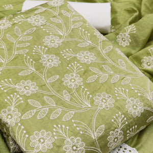 Glorious Green Colored Casual Wear Embroidered Chanderi Dywel Dress Material - Peachmode