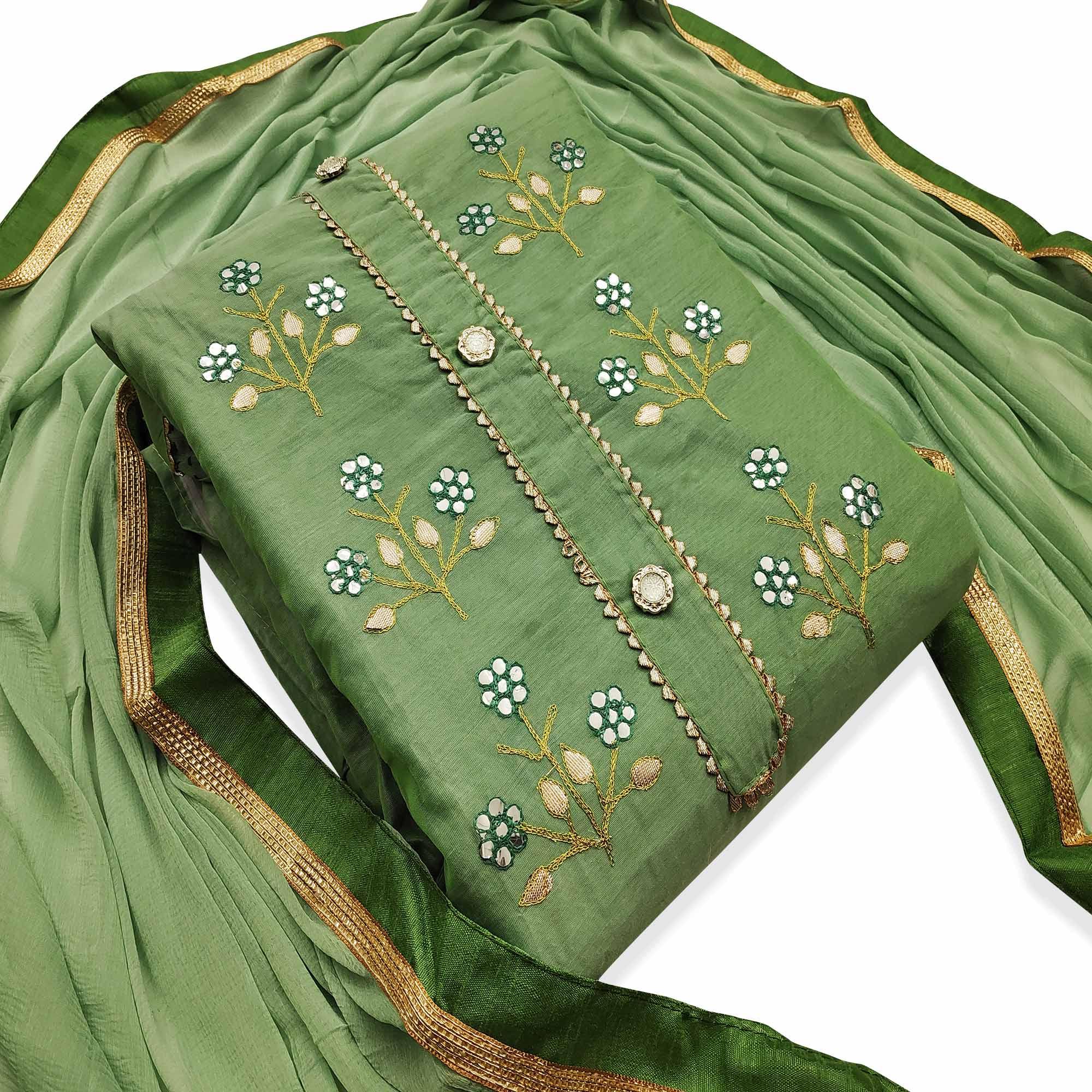 Glorious Green Colored Casual Wear Embroidered Modal Dress Material - Peachmode