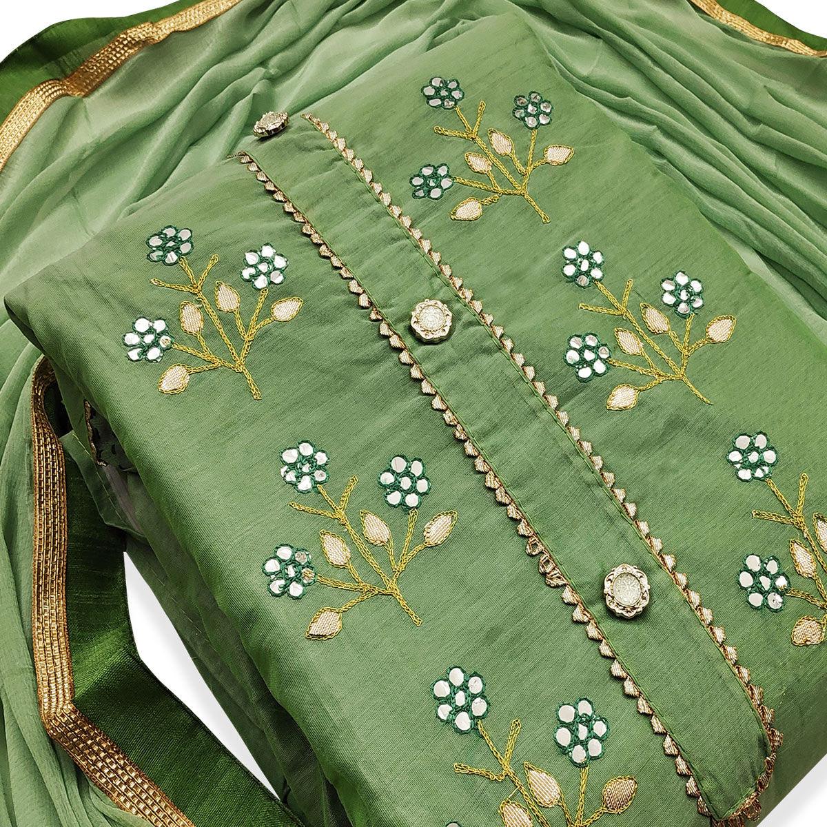Glorious Green Colored Casual Wear Embroidered Modal Dress Material - Peachmode