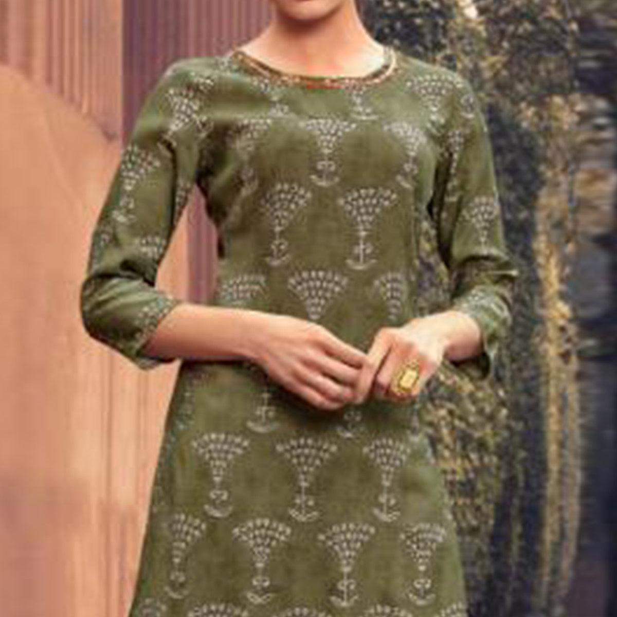 Glorious Green Colored Casual Wear Printed Muslin Kurti - Peachmode