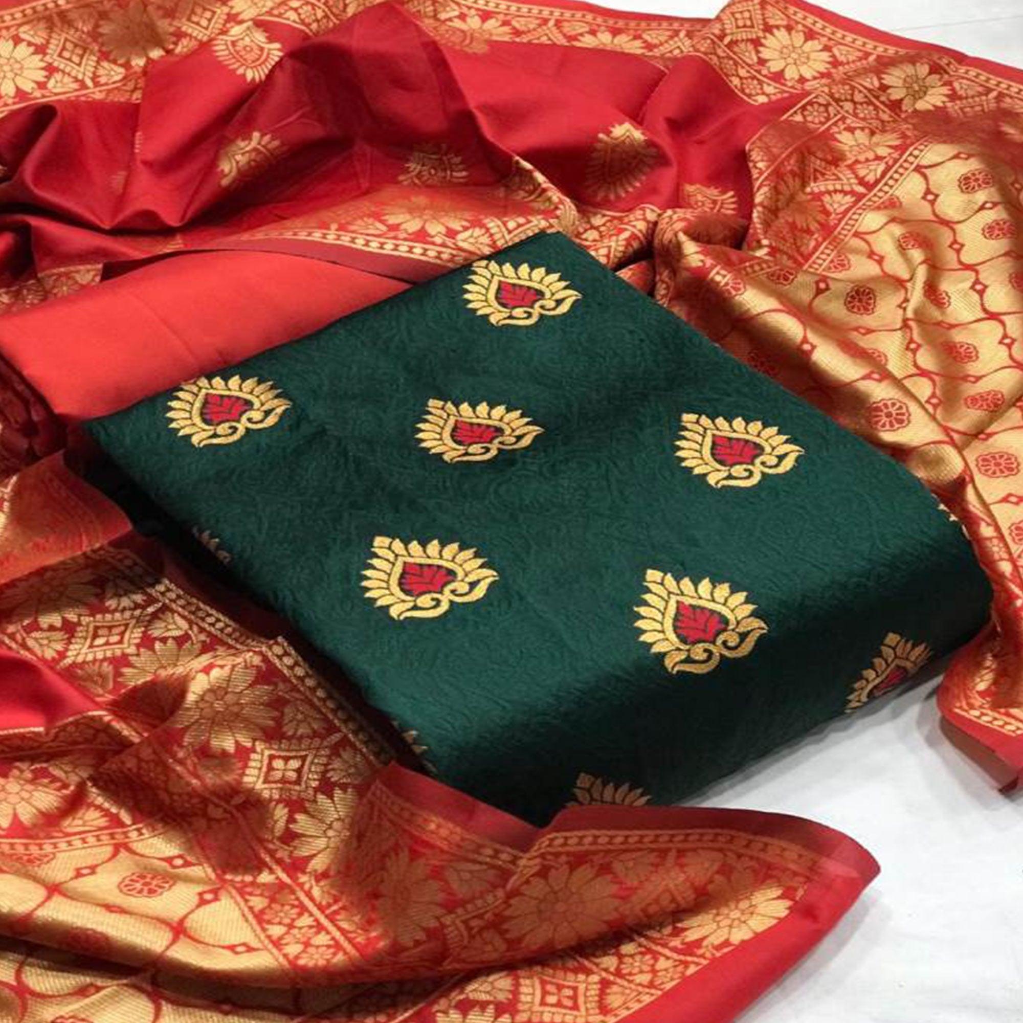 Glorious Green Colored Casual Wear Woven Banarasi Silk Dress Material - Peachmode