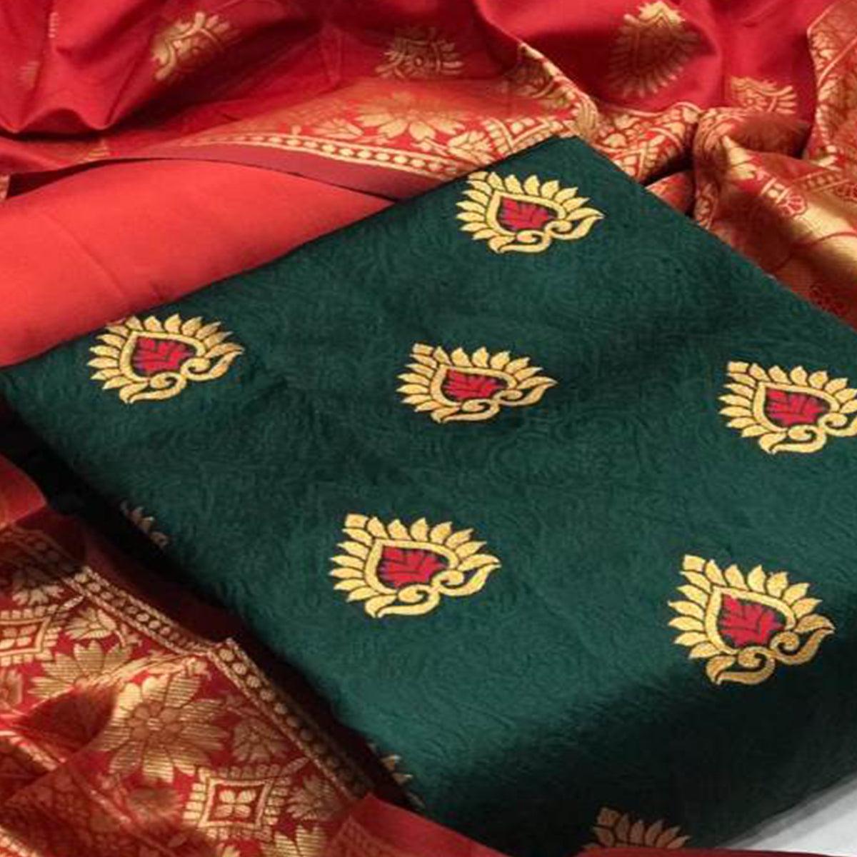 Glorious Green Colored Casual Wear Woven Banarasi Silk Dress Material - Peachmode