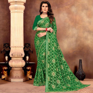 Glorious Green Colored Festive Wear Bandhani Print With Gotta Border Heavy Georgette Saree - Peachmode