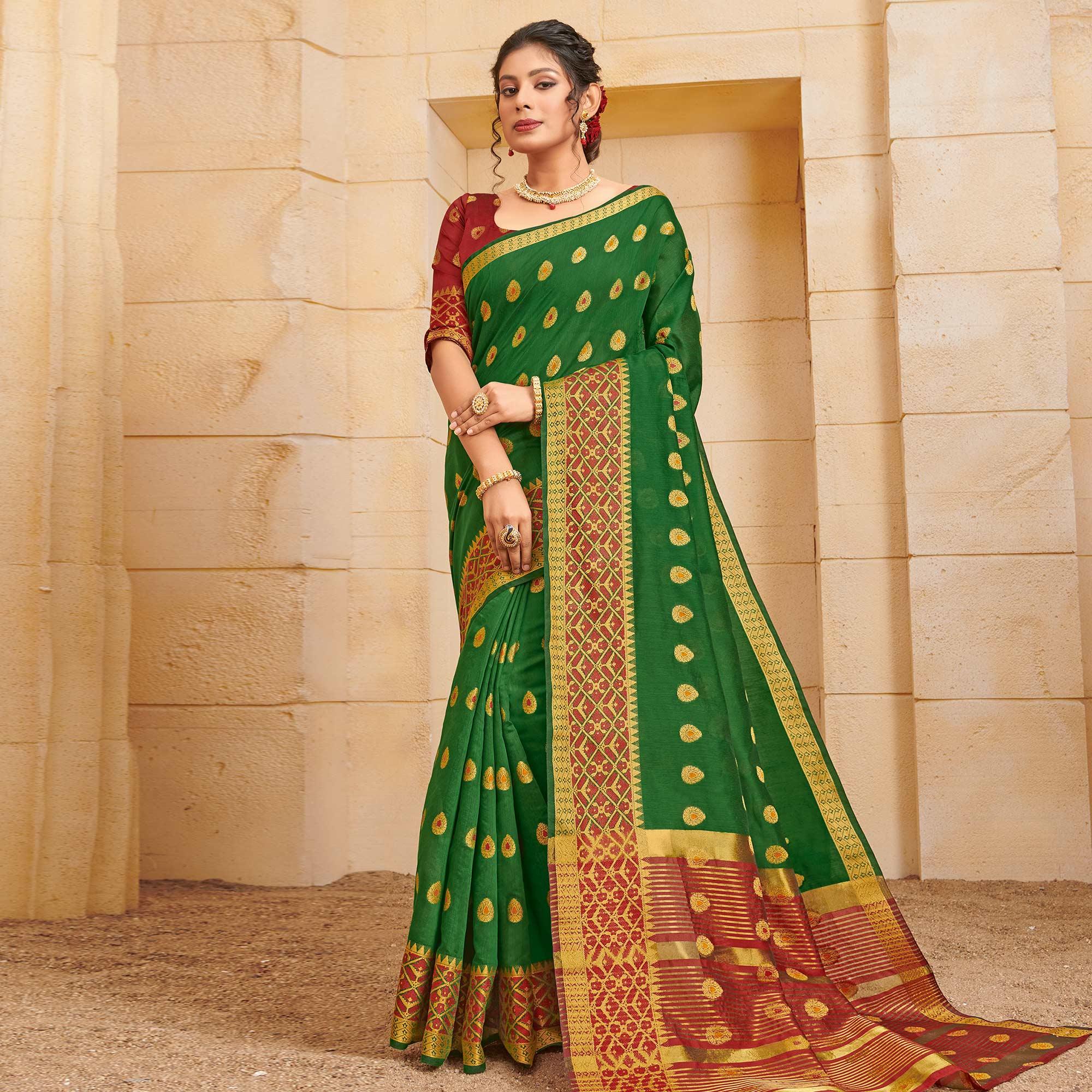 Glorious Green Colored Festive Wear Woven Cotton Saree - Peachmode