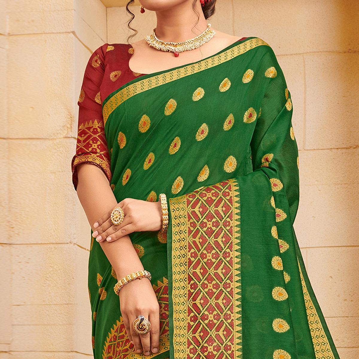 Glorious Green Colored Festive Wear Woven Cotton Saree - Peachmode
