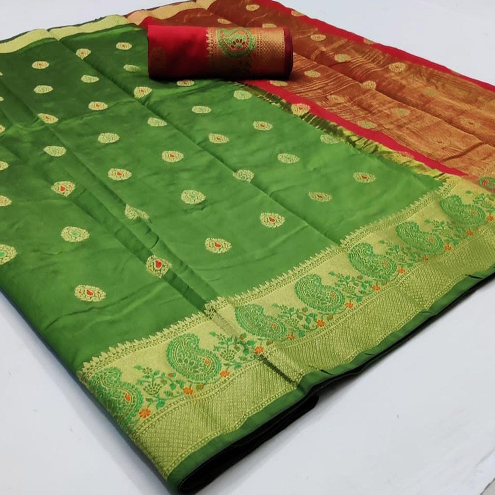 Glorious Green Colored Festive Wear Woven Soft Silk Saree - Peachmode