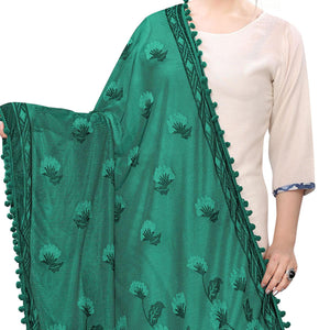Glorious Green Colored Floral Jacqaurd Pattern With Lace Soft Lycra Women Dupatta - Peachmode