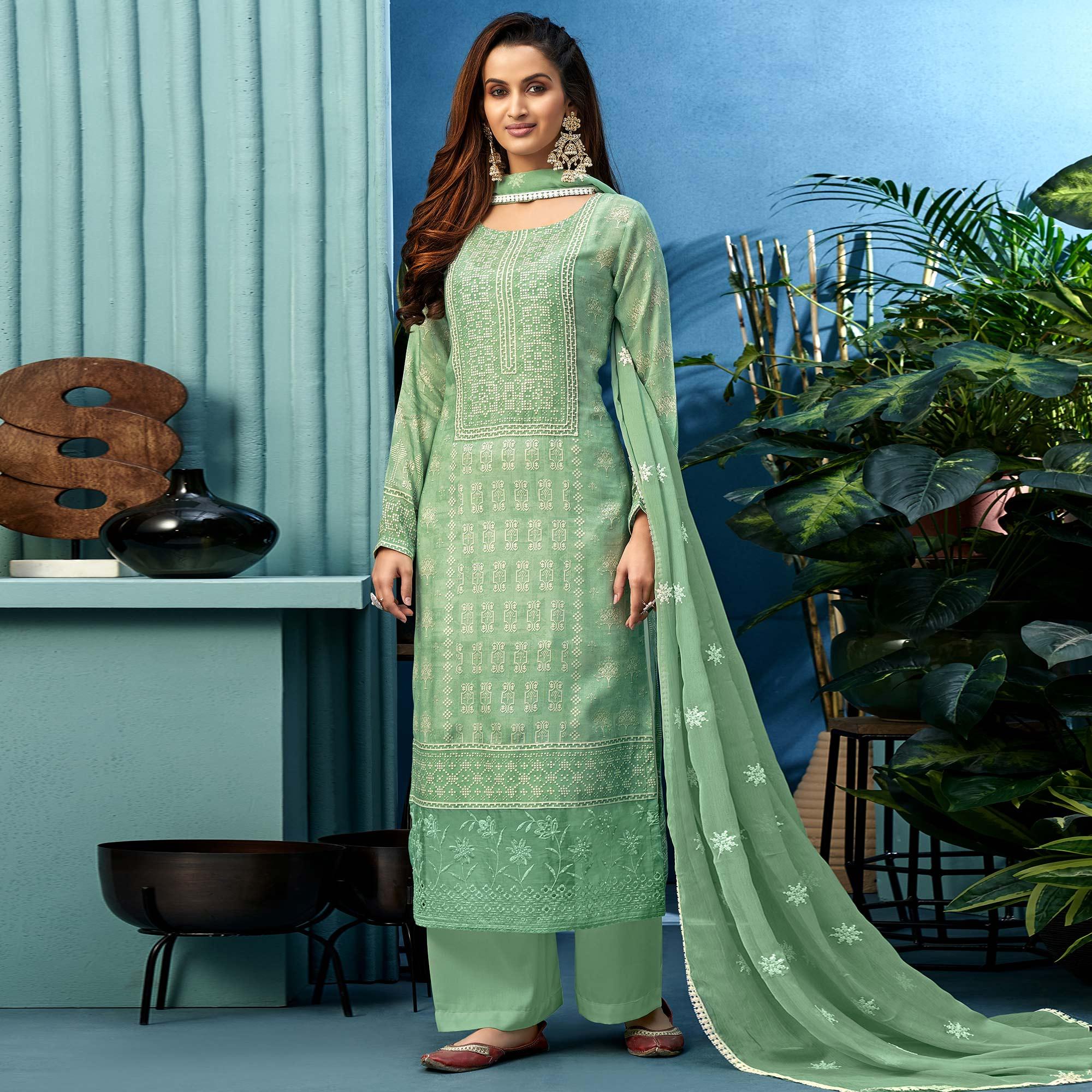 Glorious Green Colored Partywear Digital Printed Pure Muslin Palazzo Suit - Peachmode