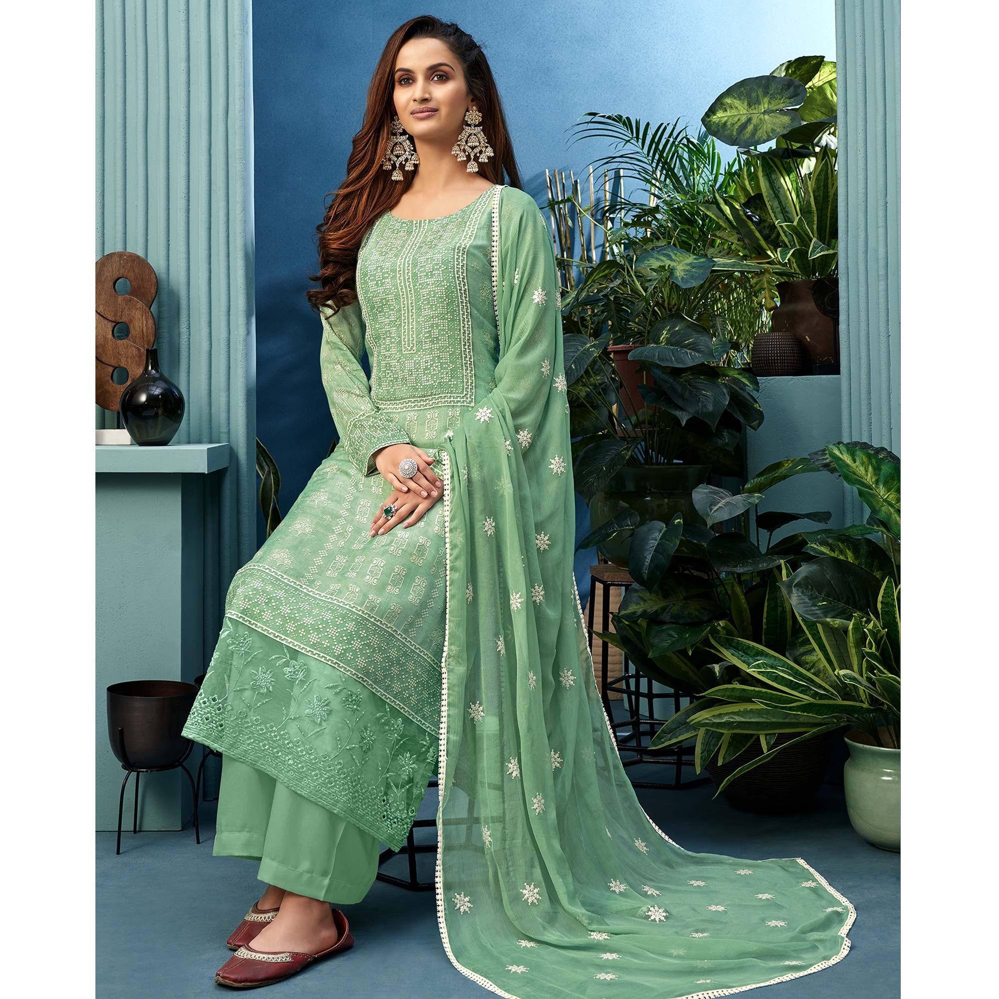 Glorious Green Colored Partywear Digital Printed Pure Muslin Palazzo Suit - Peachmode
