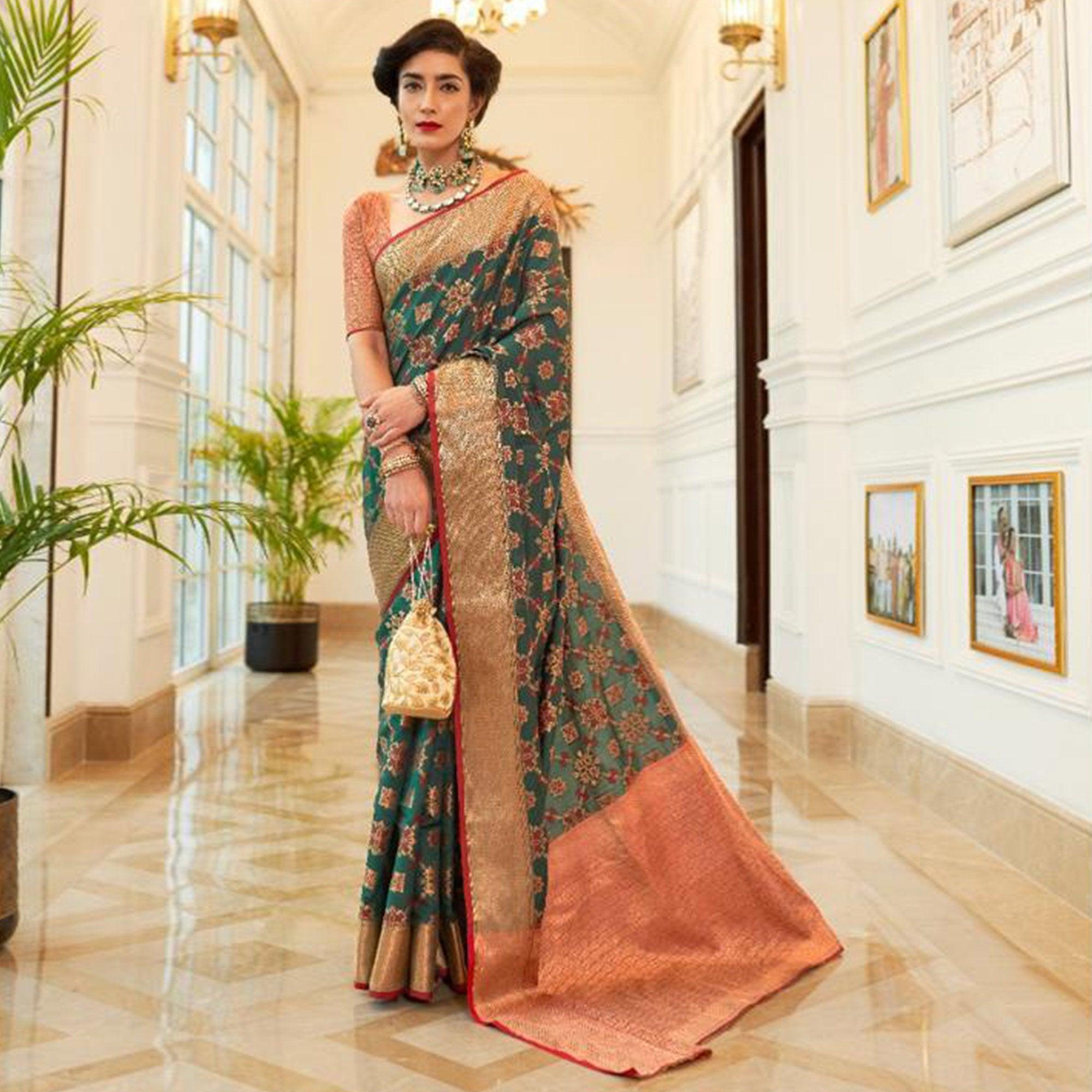 Glorious Green Coloured Festive Wear Indian Patola Woven Silk Saree - Peachmode