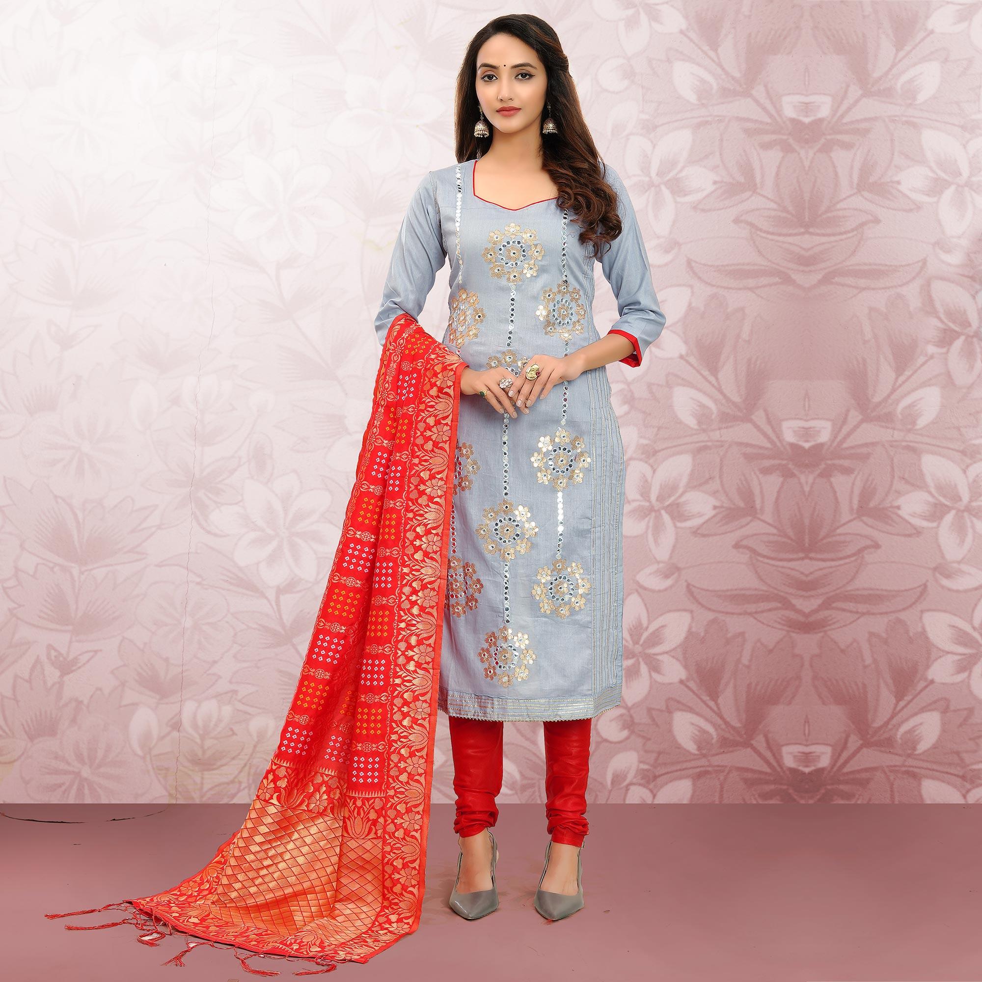 Glorious Grey Colored Festive Wear Embroidered Heavy Cotton Dress Material - Peachmode