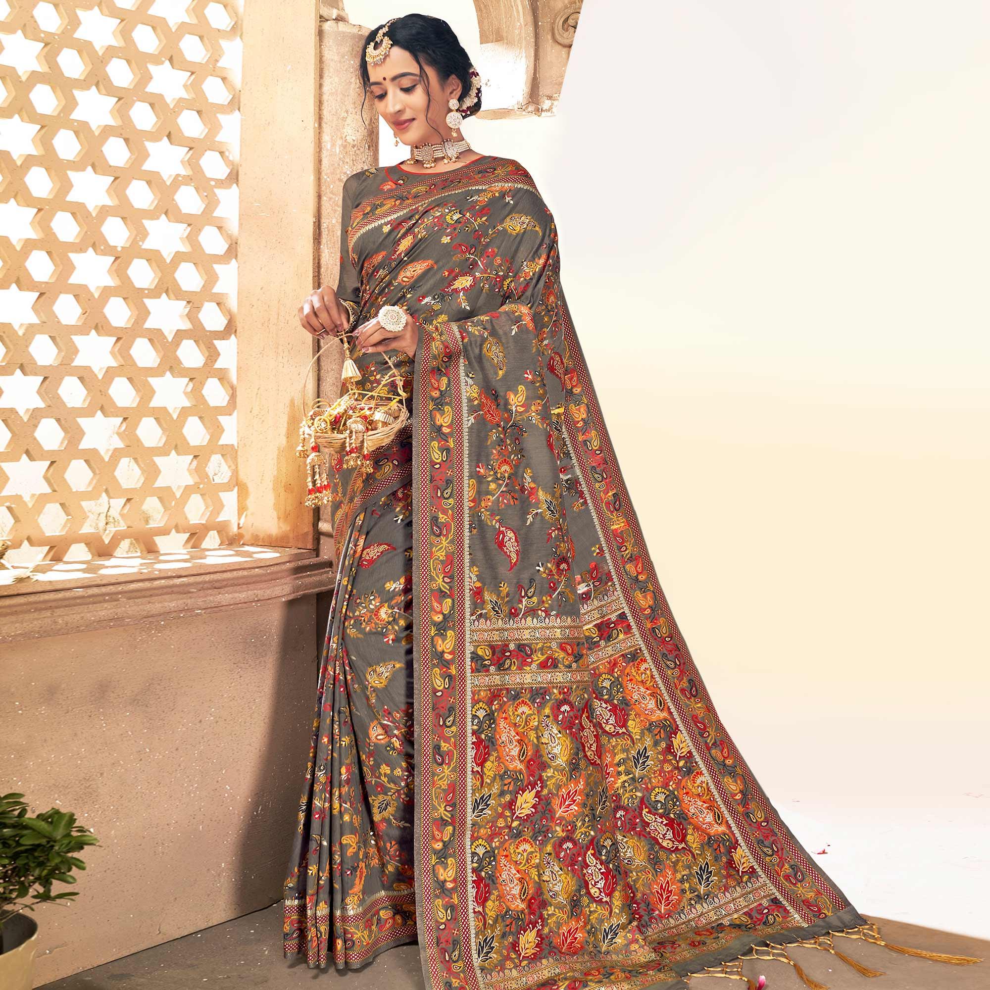 Glorious Grey Colored Festive Wear Woven Banarasi Silk Saree - Peachmode