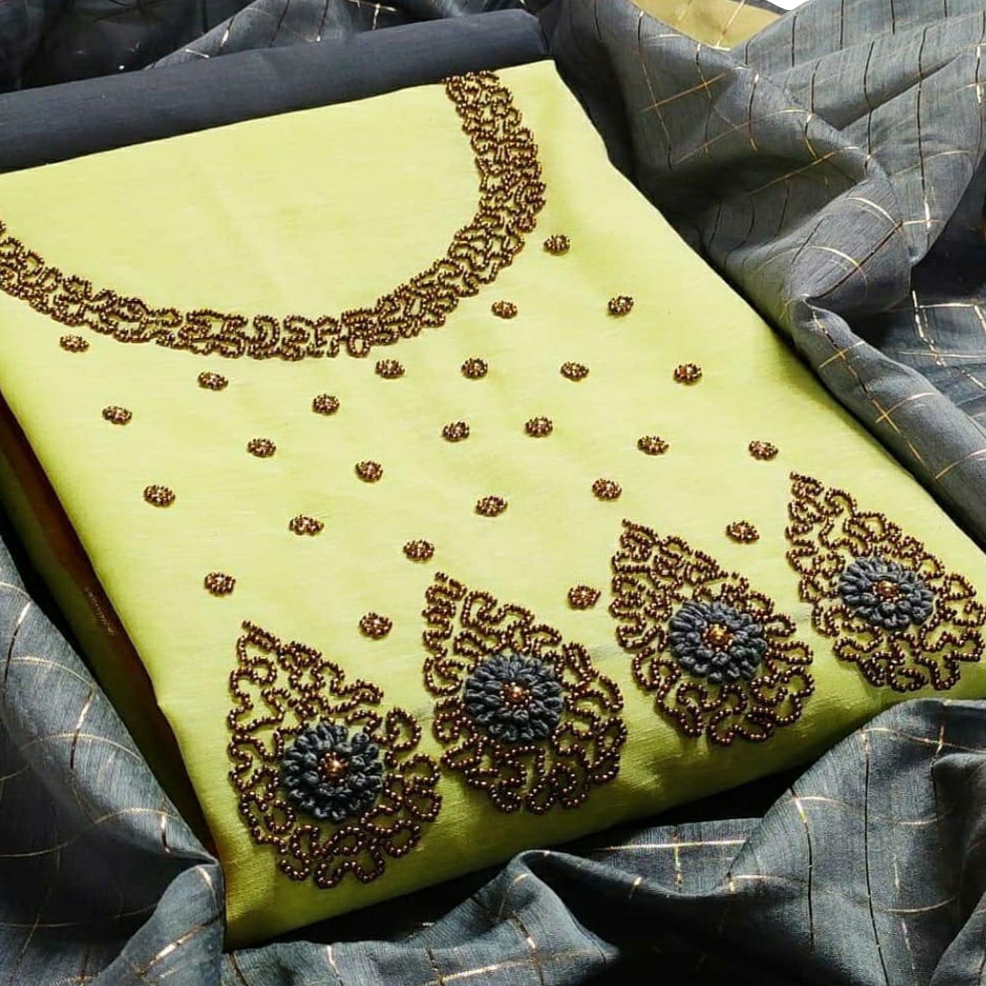 Glorious Lemon Yellow Colored Festive Wear Embroidered Chanderi Dress Material - Peachmode