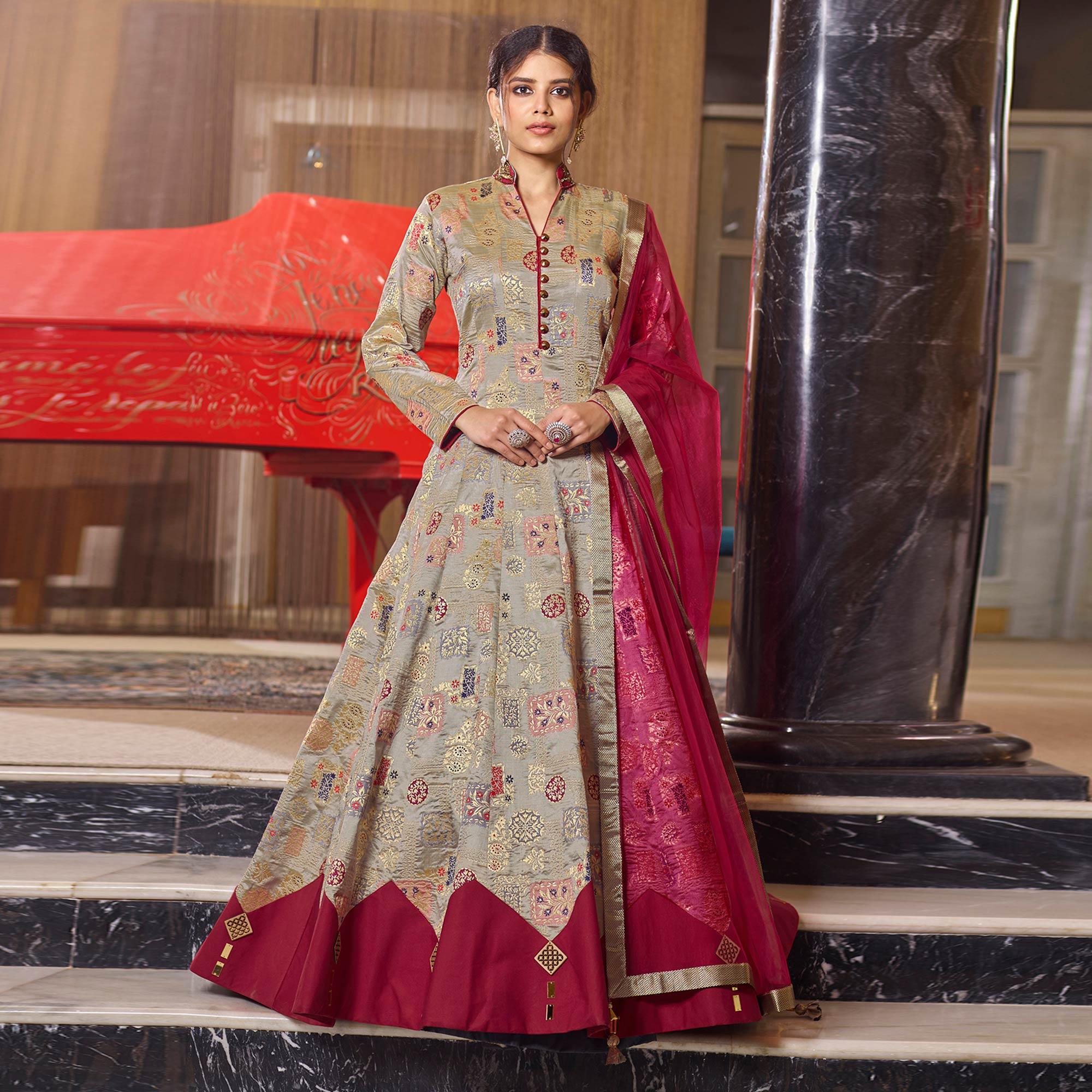 Glorious Light Brown Partywear Designer Handwork Jacquard Anarkali Suit - Peachmode
