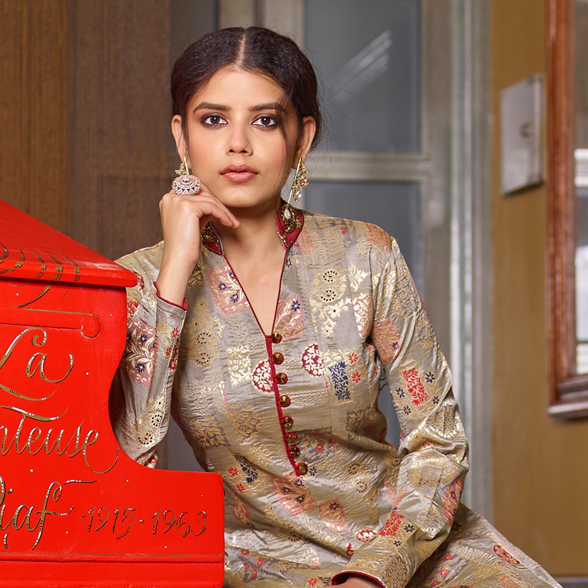 Glorious Light Brown Partywear Designer Handwork Jacquard Anarkali Suit - Peachmode