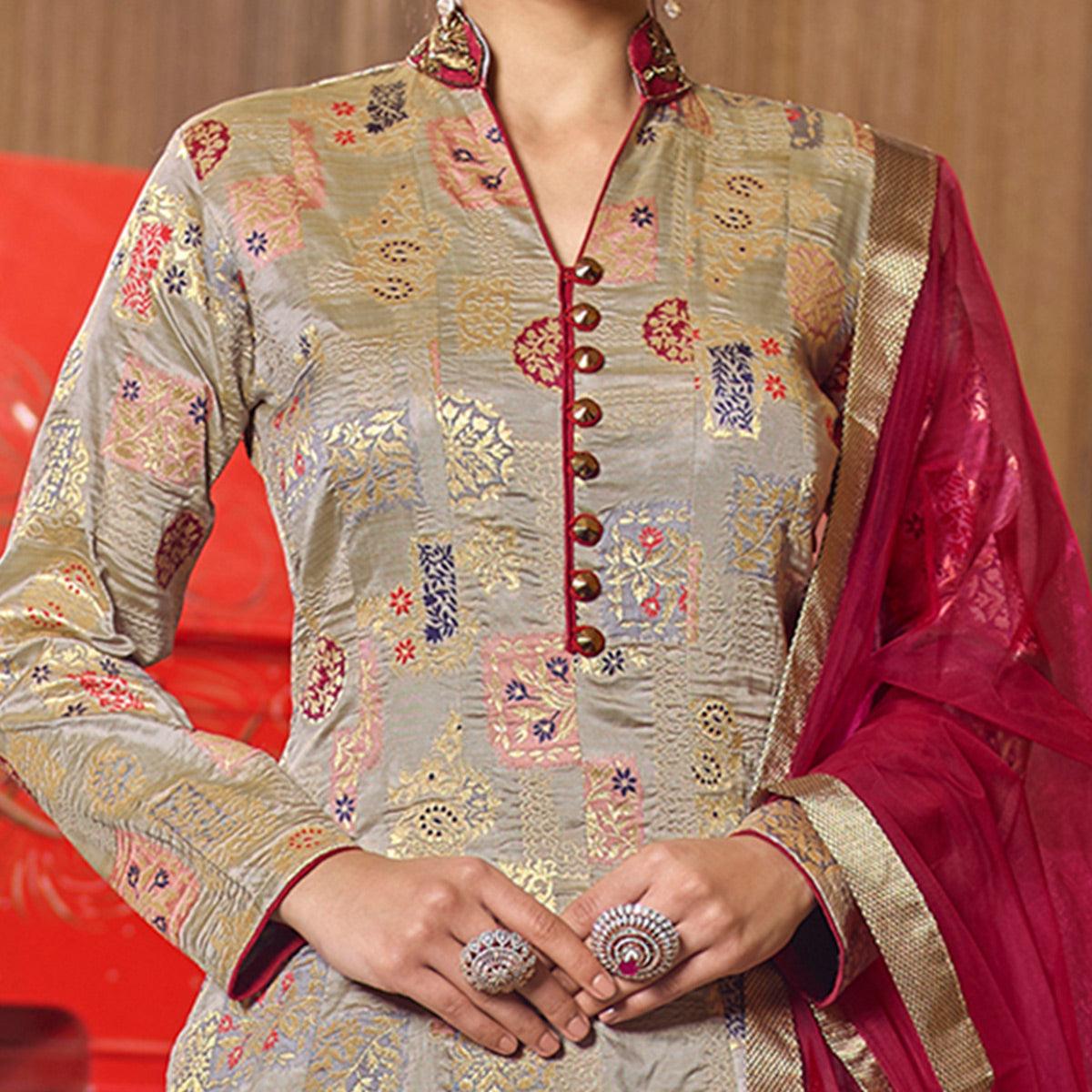 Glorious Light Brown Partywear Designer Handwork Jacquard Anarkali Suit - Peachmode