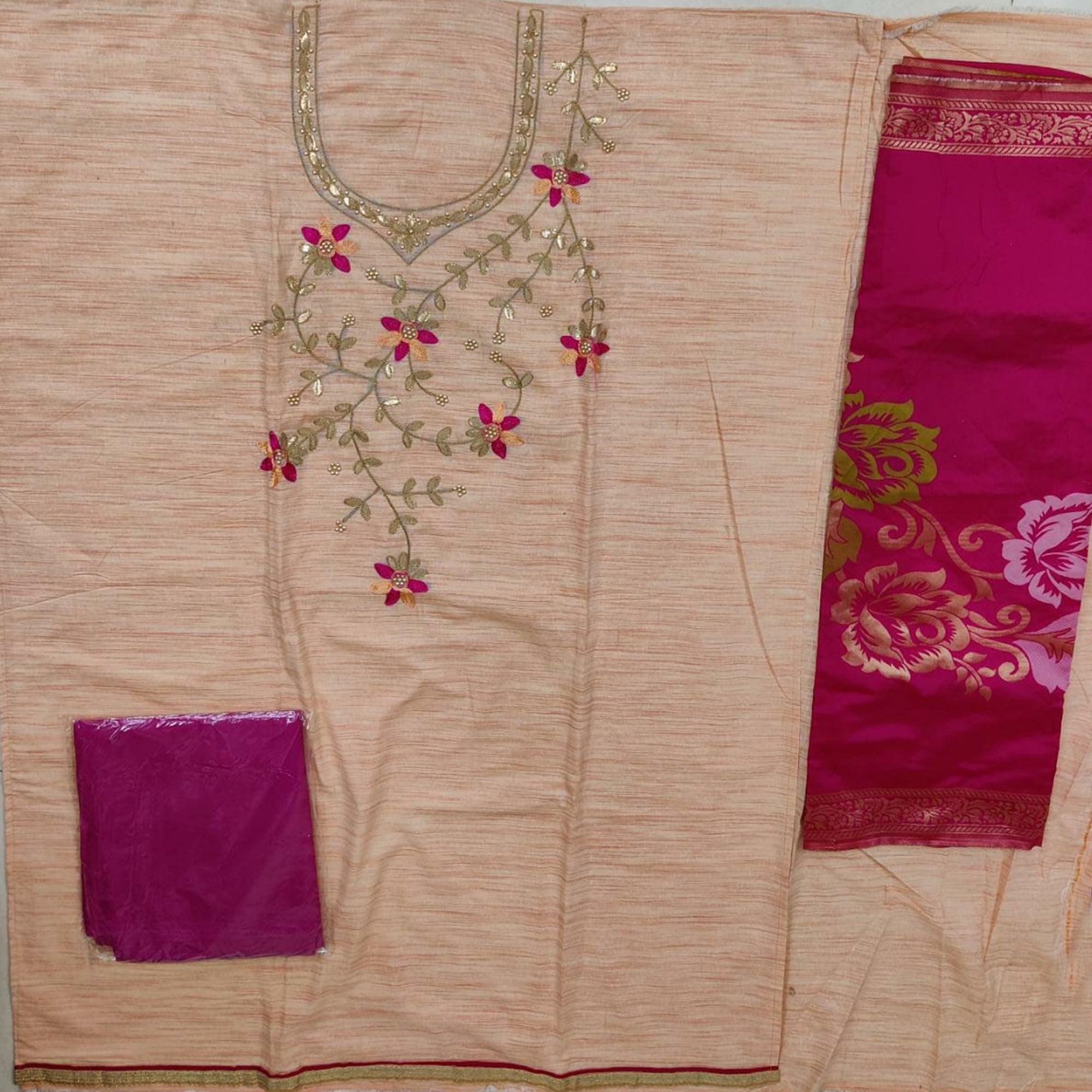 Glorious Light Peach Colored Festive Wear Embroidered Handloom Cotton Dress Material - Peachmode