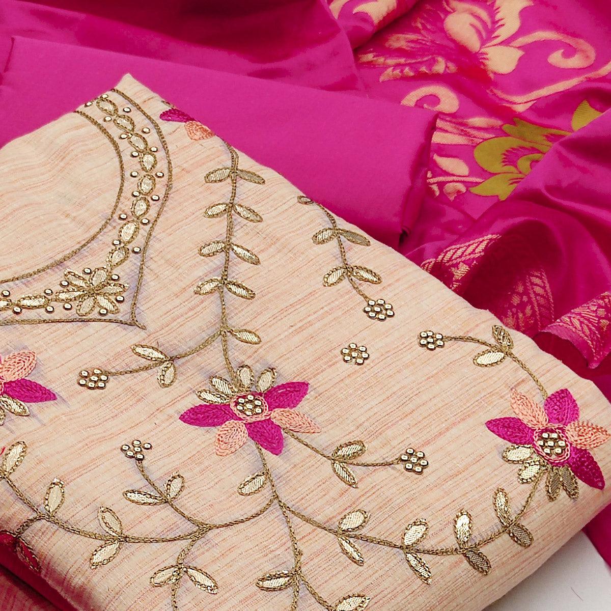 Glorious Light Peach Colored Festive Wear Embroidered Handloom Cotton Dress Material - Peachmode