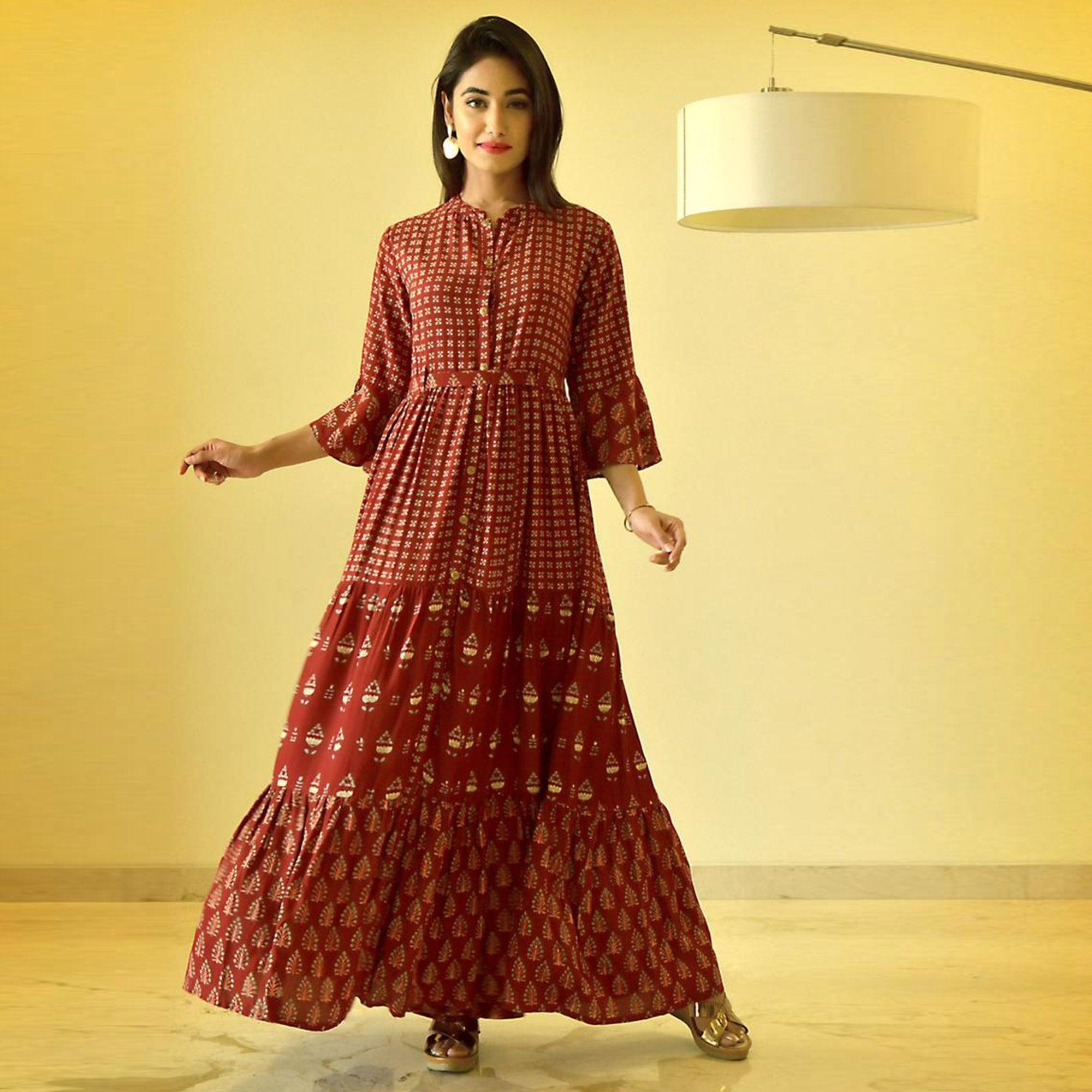 Glorious Maroon Colored Casual Wear Cotton Long Kurti - Peachmode