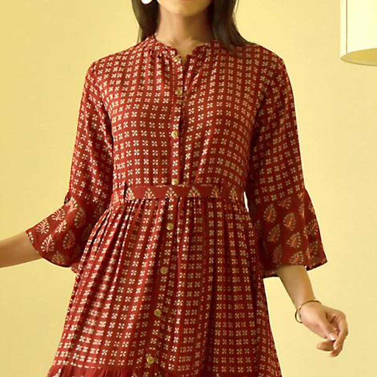 Glorious Maroon Colored Casual Wear Cotton Long Kurti - Peachmode