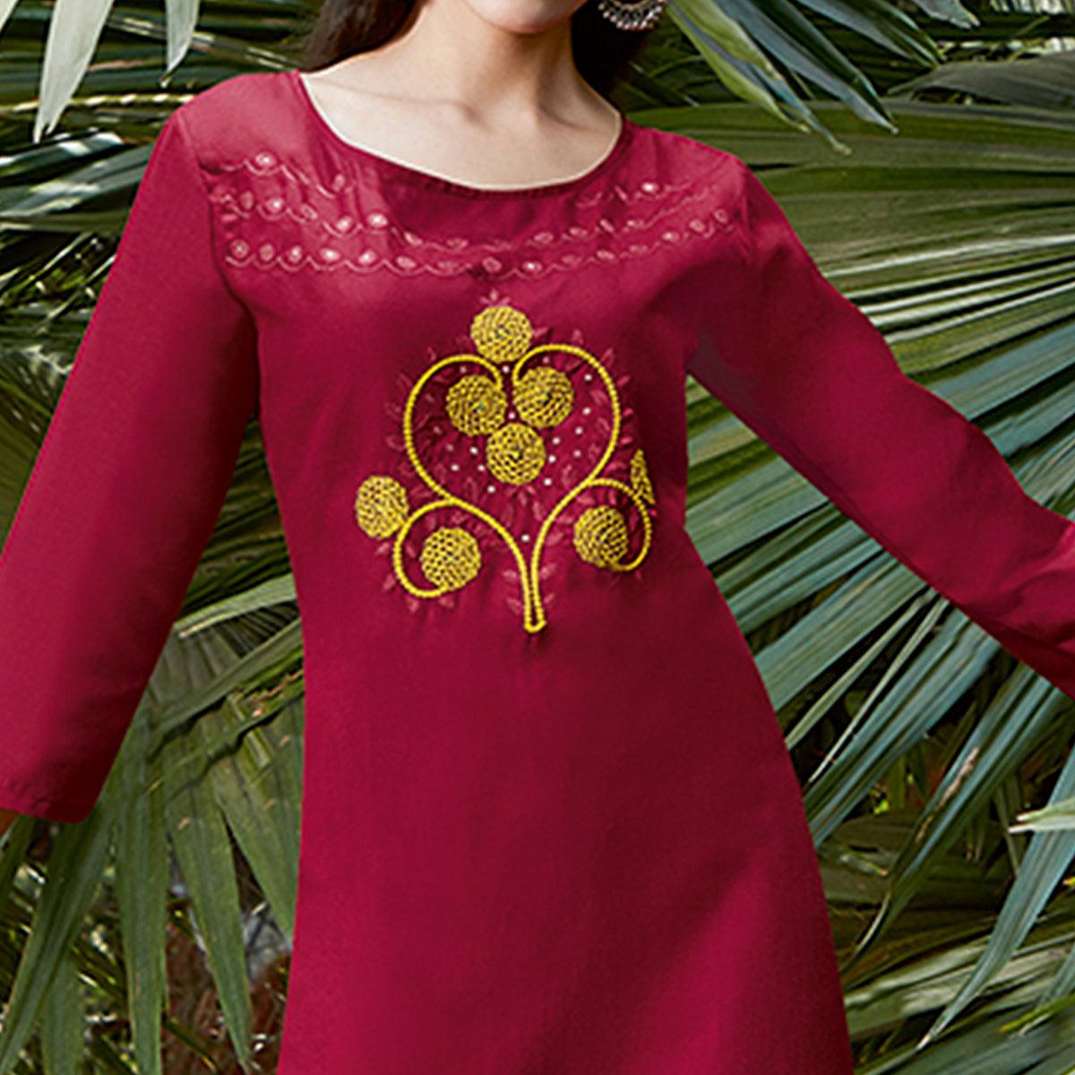 Glorious Maroon Colored Casual Wear Embroidered Cotton Sulb Kurti - Peachmode