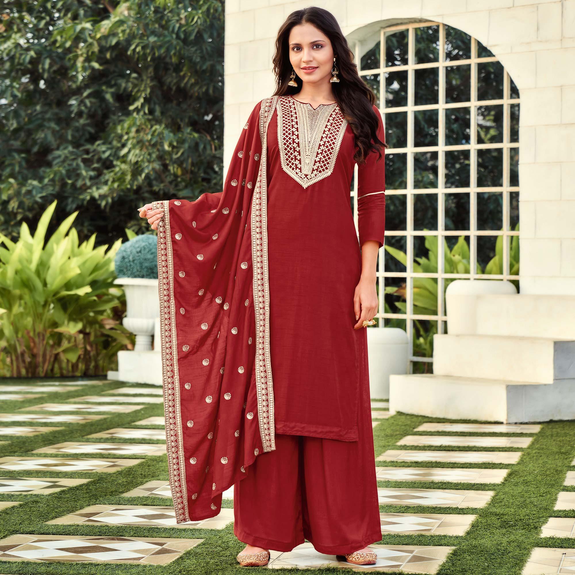 Glorious Maroon Colored Festive Wear Embroidered Art Silk Dress Material - Peachmode