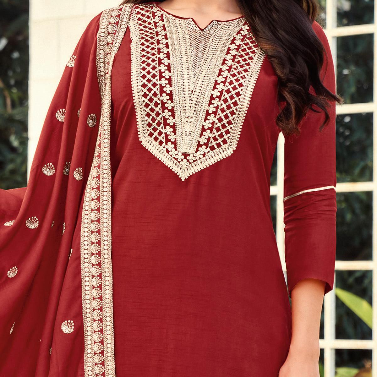 Glorious Maroon Colored Festive Wear Embroidered Art Silk Dress Material - Peachmode