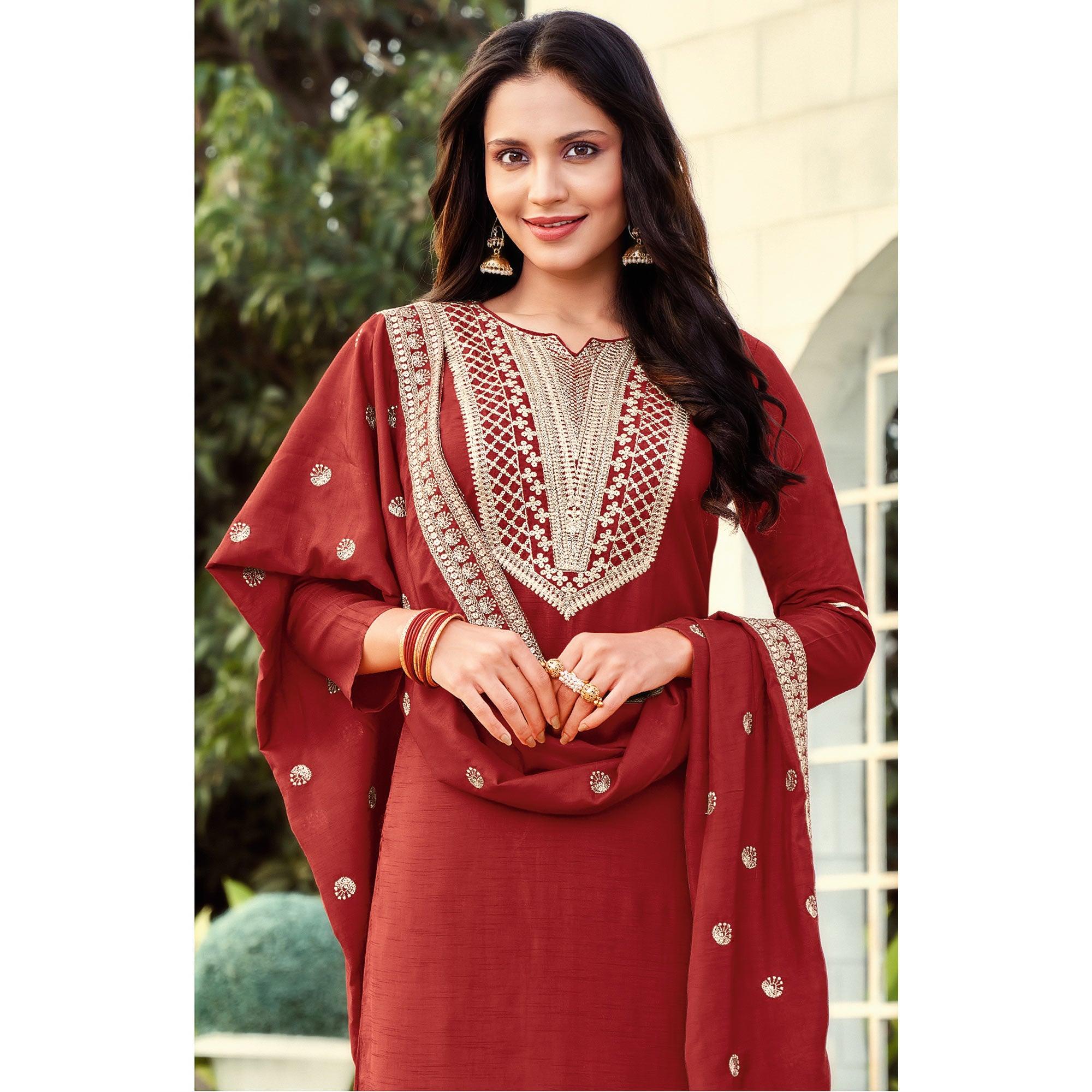 Glorious Maroon Colored Festive Wear Embroidered Art Silk Dress Material - Peachmode